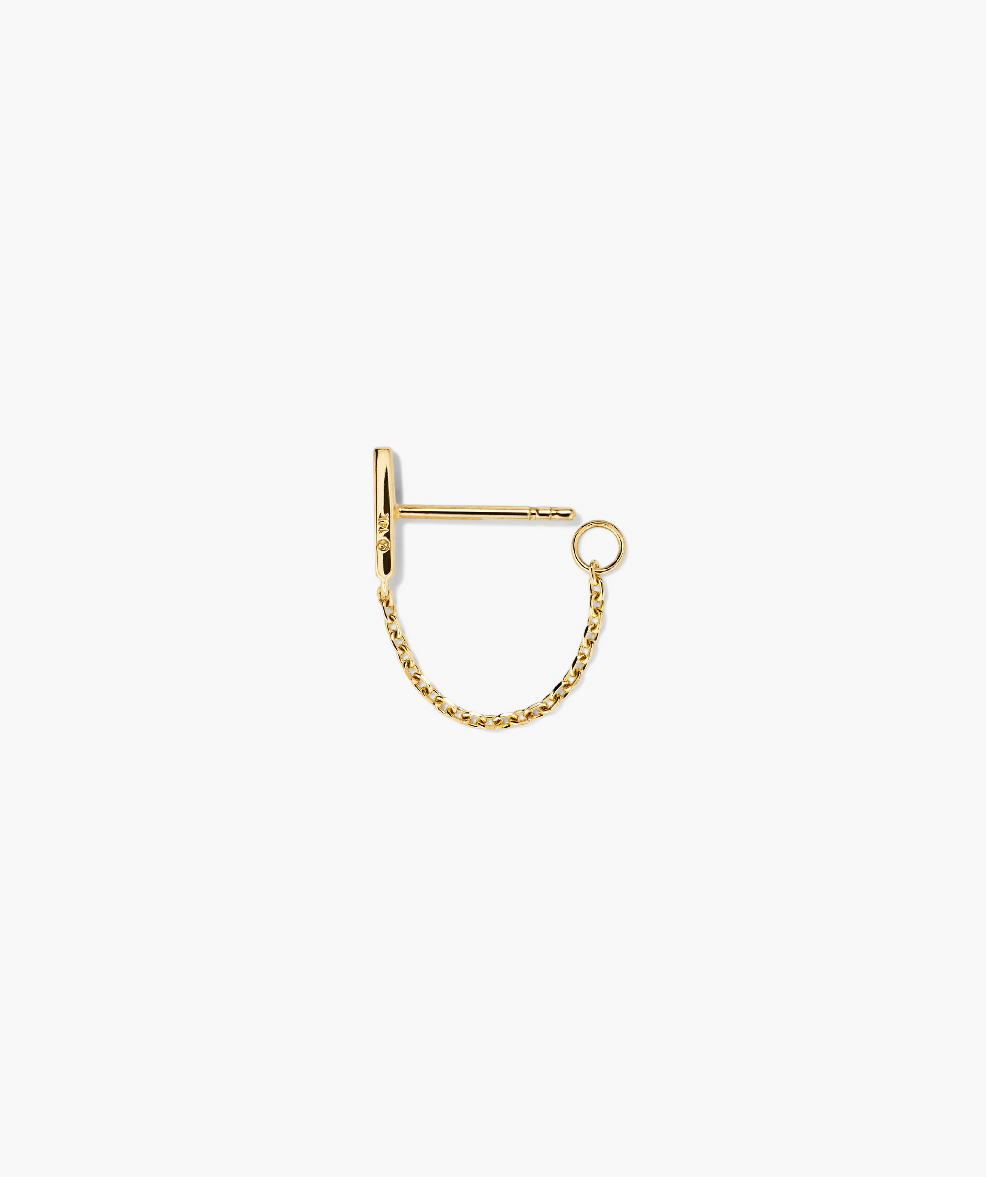Single Bar Chain Stud: A handcrafted 14k gold earring featuring a bar accent with a chain that can be hooked onto adjacent piercings or looped front to back.