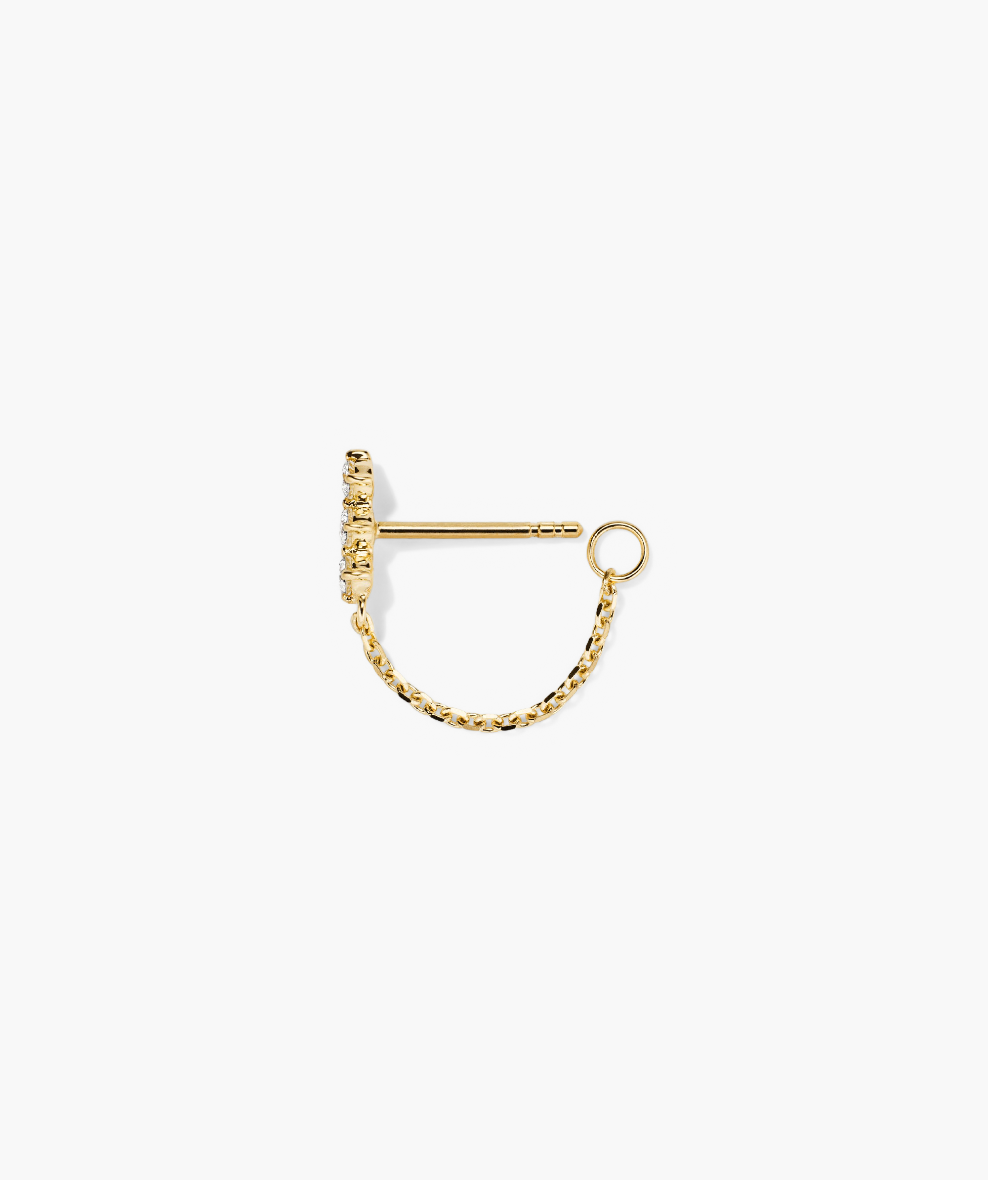 Single Diamond Trio Chain Stud: a 14k gold earring with a chain and three diamonds, designed for versatile ear stacking.