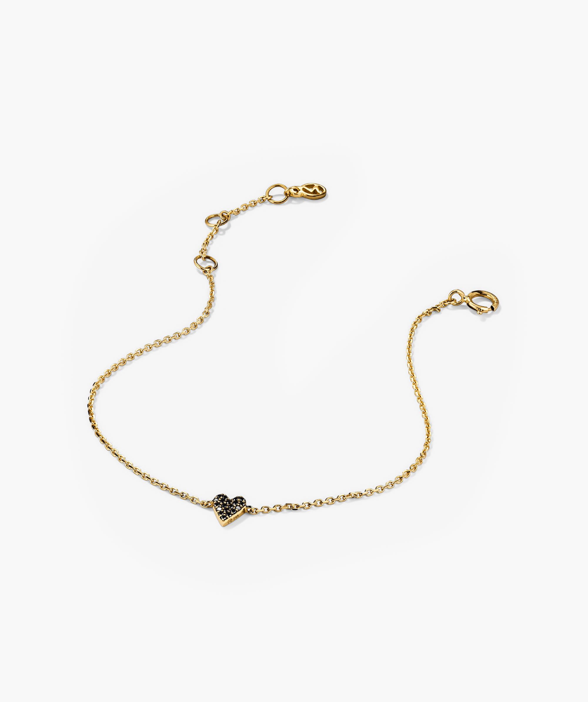 Mini Heart PavÃ© Diamond Bracelet featuring a gold chain with a heart-shaped pendant adorned with black stones. Perfect for adding a playful statement to any outfit.