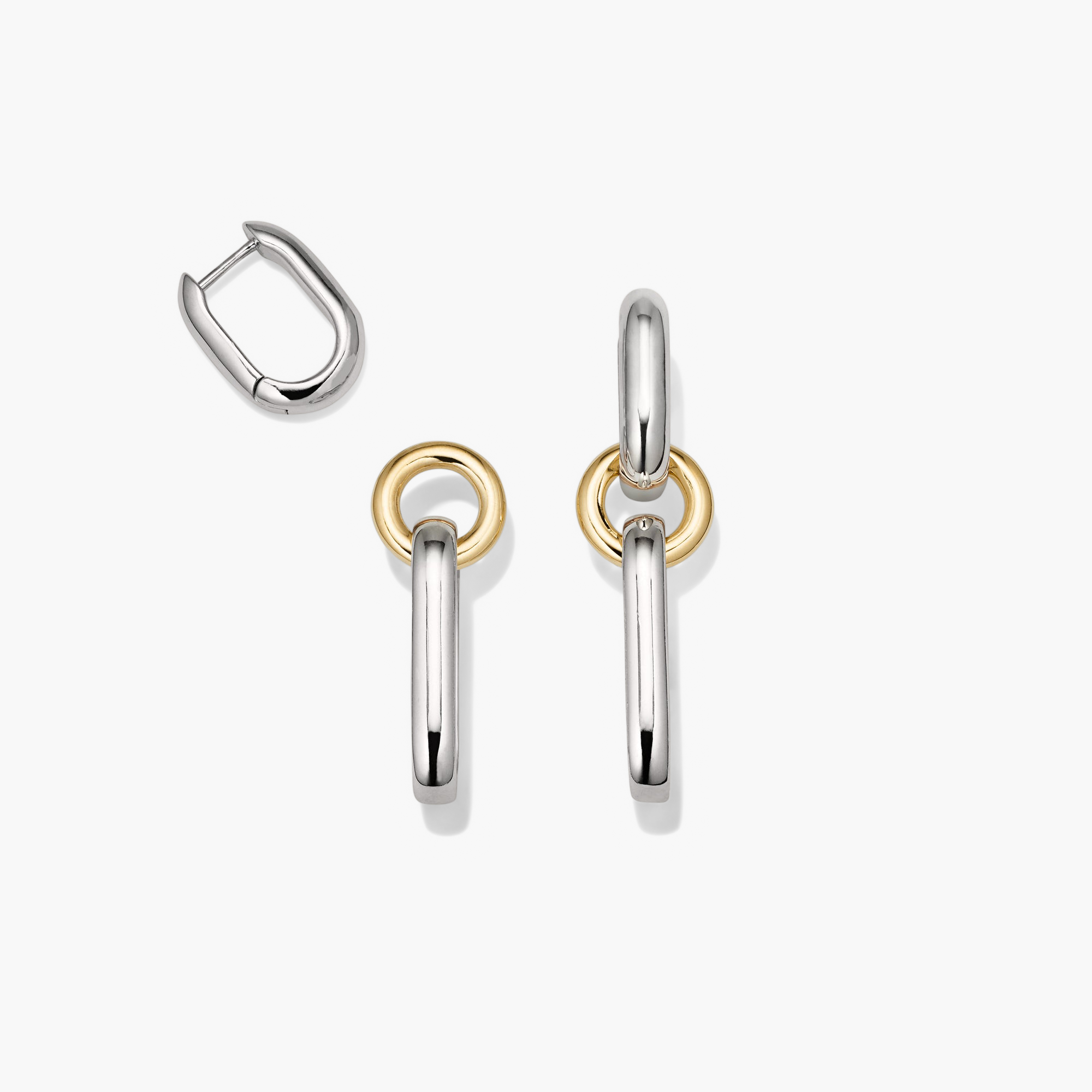 Mixed Convertible Link Earrings with dual-tone metal links in 18k gold vermeil and sterling silver, designed for versatile styling as huggies or drop earrings.