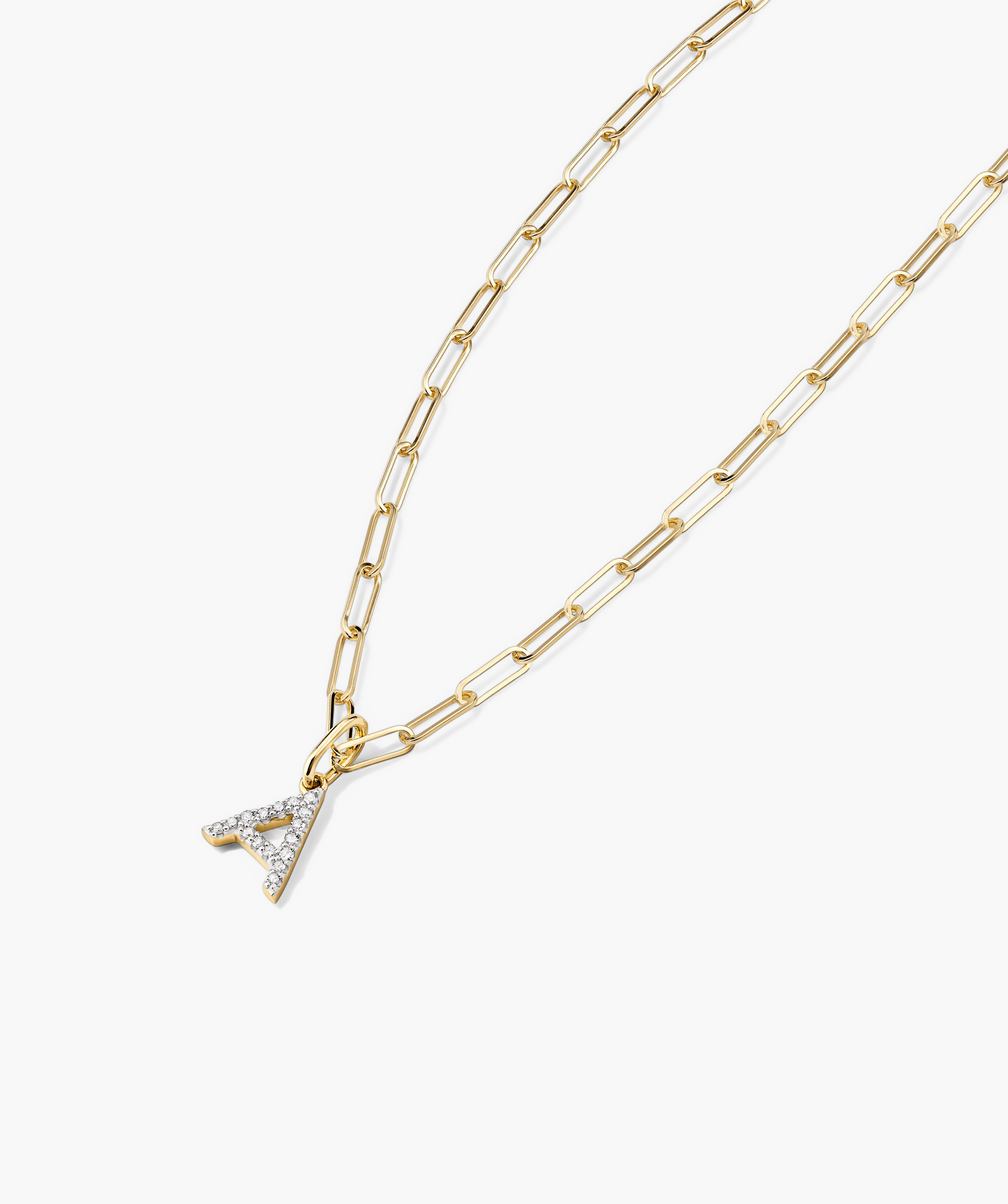 Diamond Letter Charm pendant on a gold chain, featuring a sparkling diamond accent. Chain sold separately. Perfect for adding personalized elegance to any necklace.