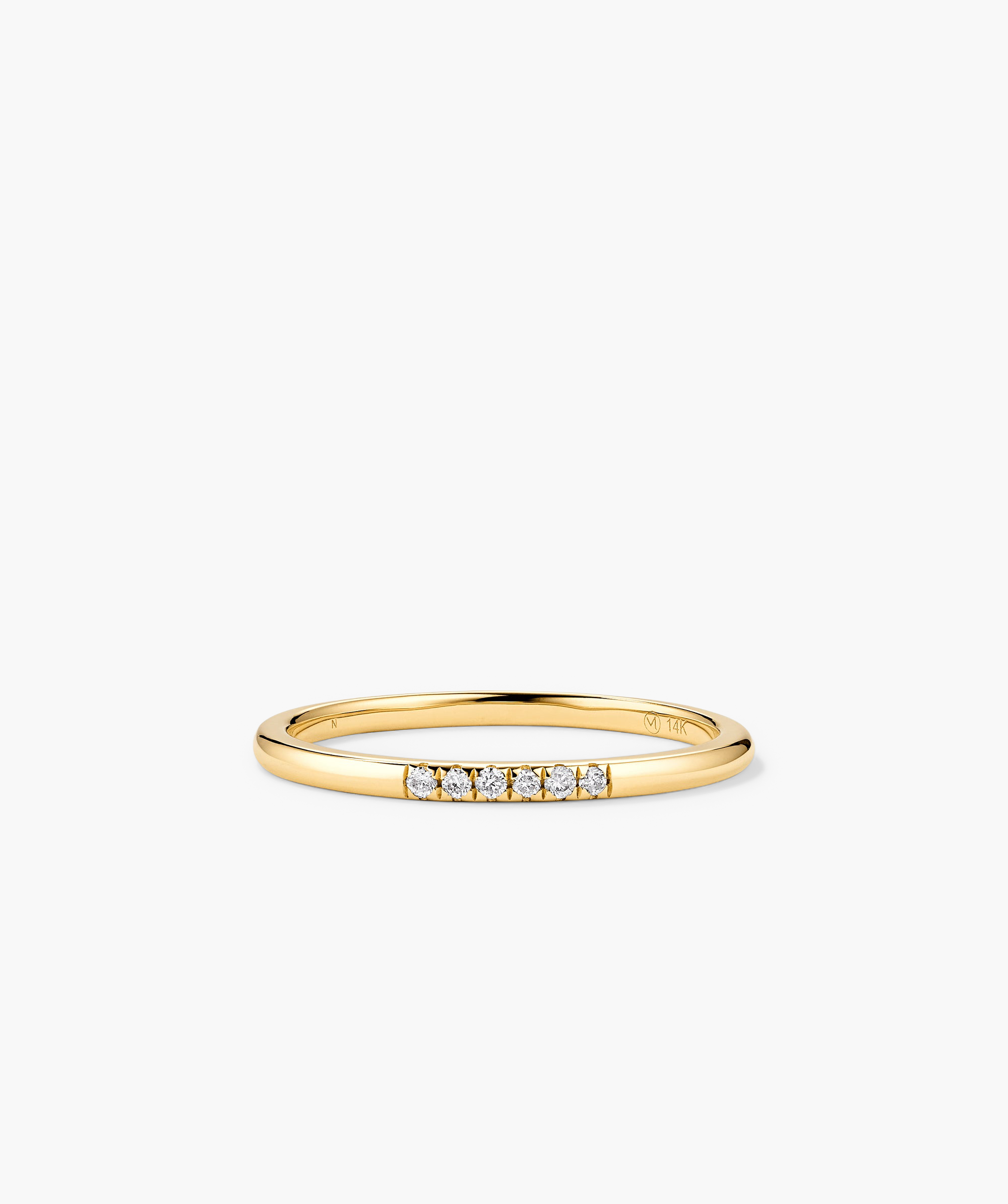 14k solid gold Diamonds Line Ring featuring six responsibly sourced diamonds in a prong setting for enhanced shine, suitable for daily wear or stacking.