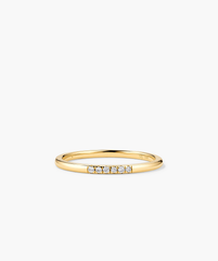 14k solid gold Diamonds Line Ring featuring six responsibly sourced diamonds in a prong setting for enhanced shine, suitable for daily wear or stacking.