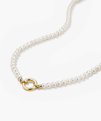 Pearl Necklace With Vermeil Enhancer featuring an 18k gold vermeil ring and freshwater pearls, perfect for customizable charm additions, ideal for year-round wear.