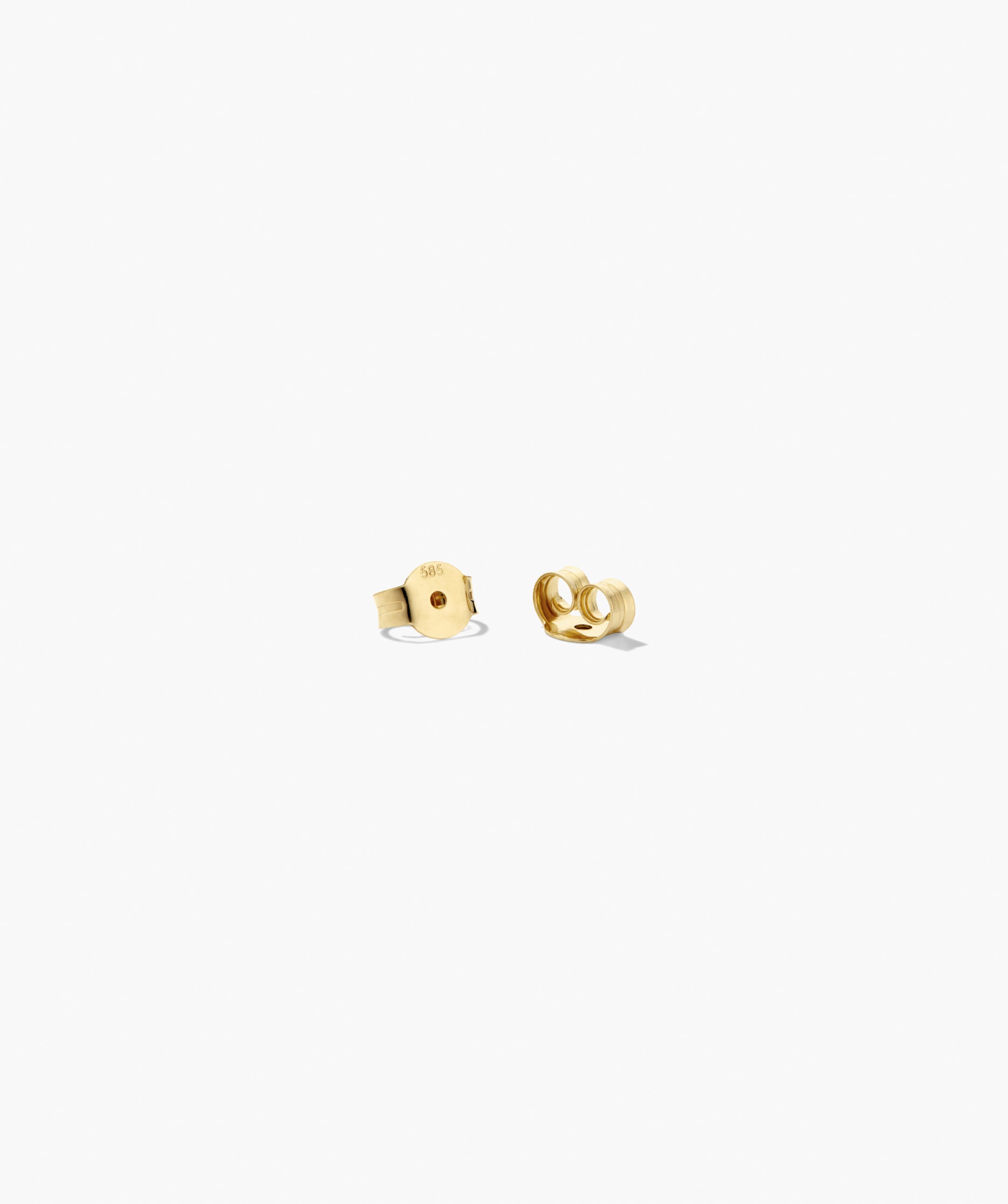 Two gold earring backs on white background, one stamped 585 for 14K gold, complementing the Better Half Heart Studs with solid gold and pavÃ© diamonds.