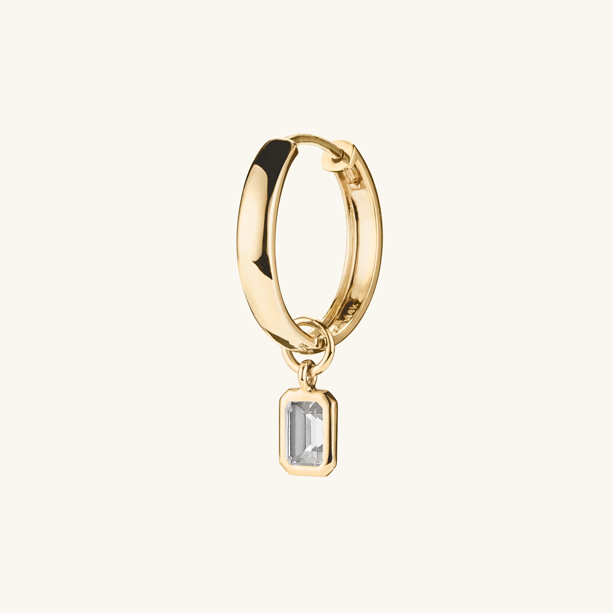 Single Emerald Cut Gemstone Hoop Charm featuring a gold hoop earring with a square stone pendant, designed for versatile and personalized eardrobe styling.