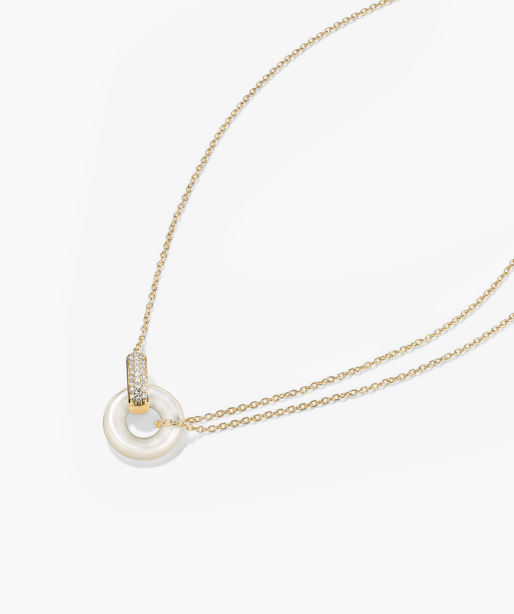 Linked PavÃ© Diamond Pearl Necklace featuring two interlinked rings with diamonds and a mother of pearl pendant on a 14k gold chain.