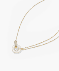 Linked PavÃ© Diamond Pearl Necklace featuring two interlinked rings with diamonds and a mother of pearl pendant on a 14k gold chain.