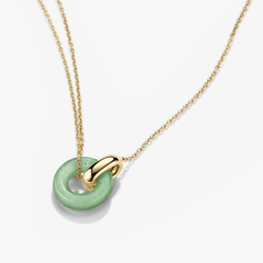 Linked Gemstone Necklace featuring a gold chain with a green aventurine pendant, showcasing two interlinked rings symbolizing personal bonds.