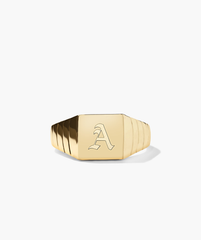 Square Signet Ring featuring a prominent letter engraved on the gold face, designed for a bold addition to your jewelry collection.