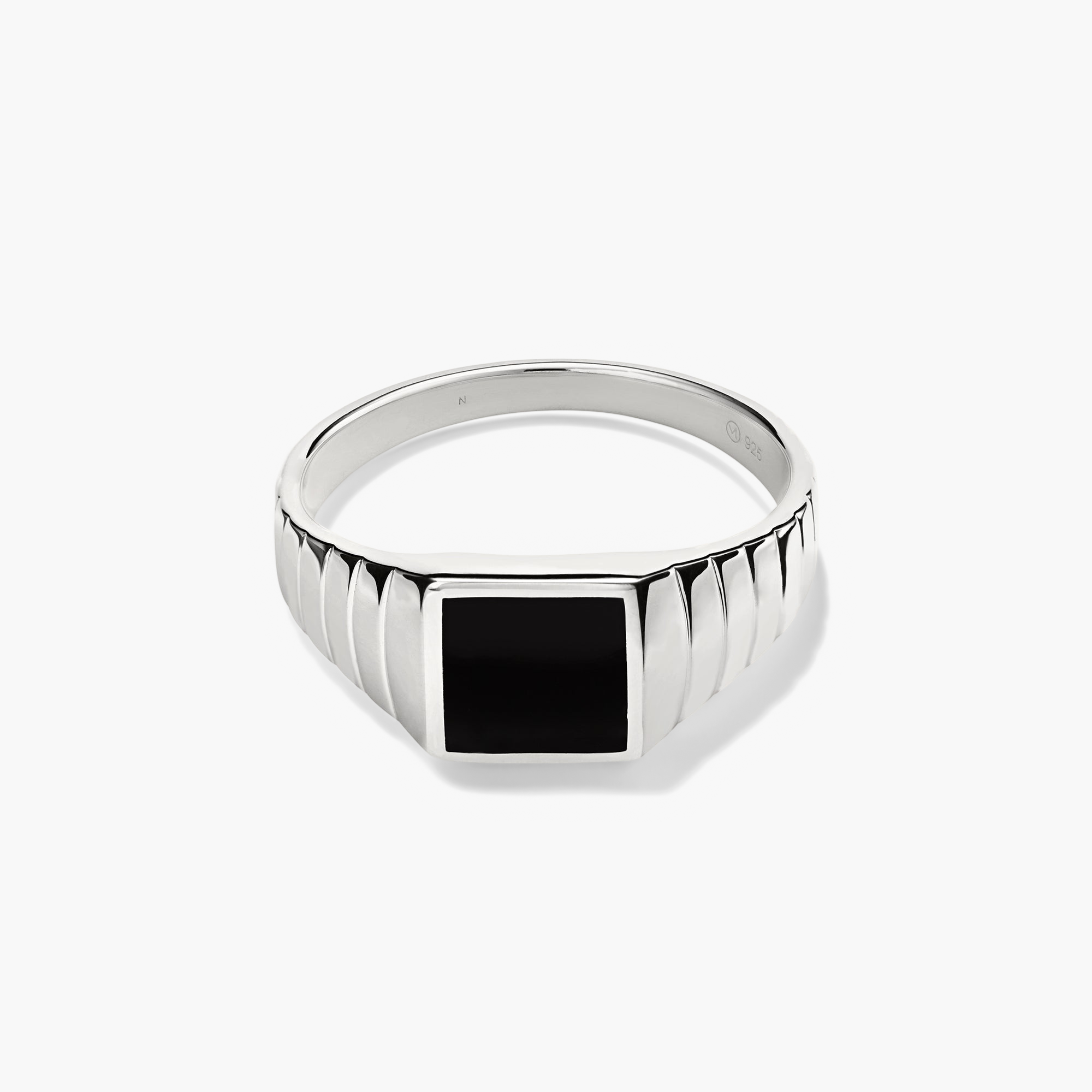 Black Onyx Square Signet Ring featuring a silver band with a prominent black square centerpiece, highlighting a strong and elegant onyx design.