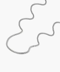 3.7mm Round Box Chain Necklace: a handcrafted sterling silver chain, elegantly simple, displayed on a white surface.