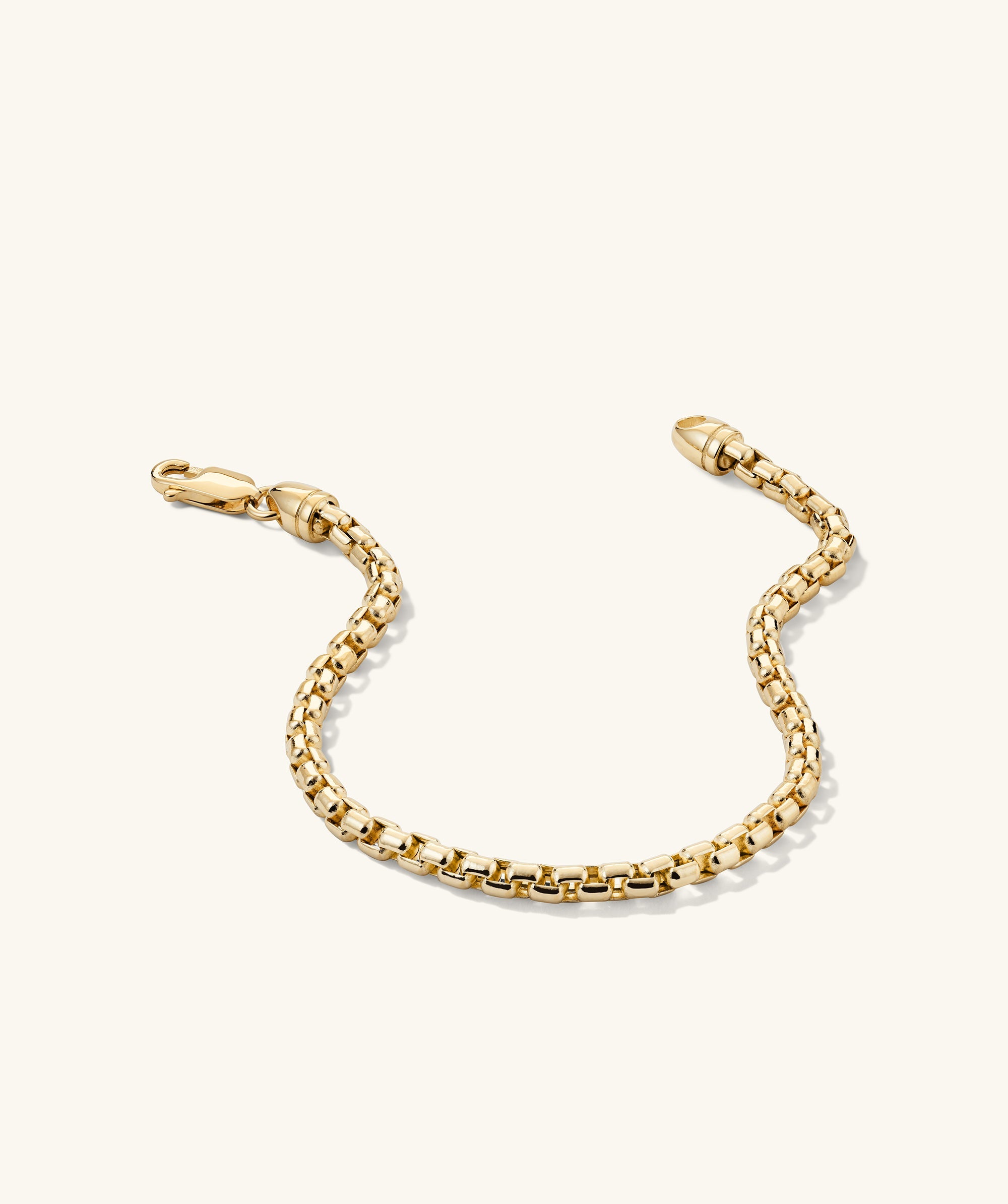 3mm Round Box Chain Bracelet in 14k solid yellow gold, featuring a secure clasp, displayed on a white background.