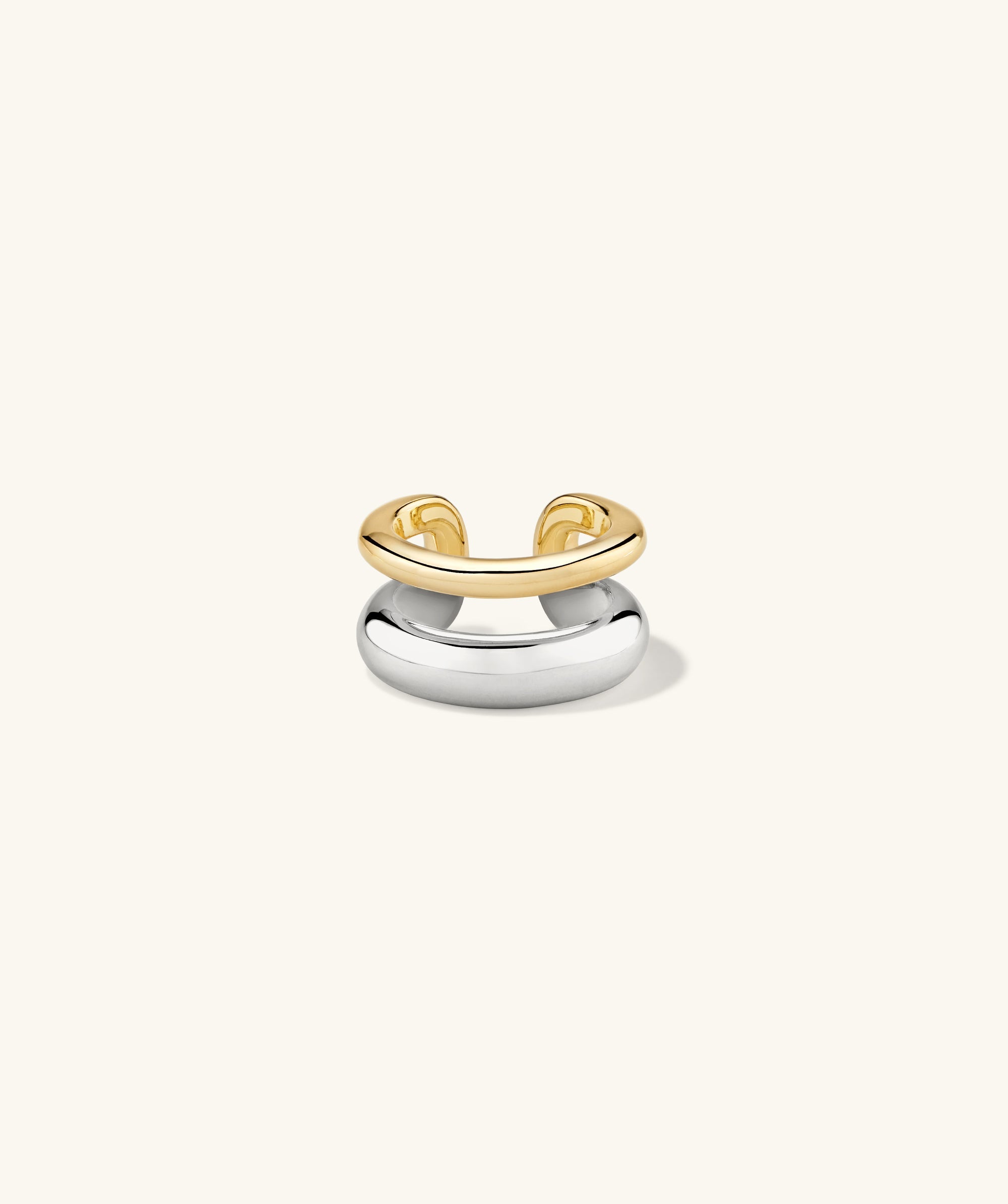 Duet Mixed Ear Cuff featuring stacked design in 18k gold vermeil and sterling silver, showcasing dual widths for a versatile, handcrafted accessory.