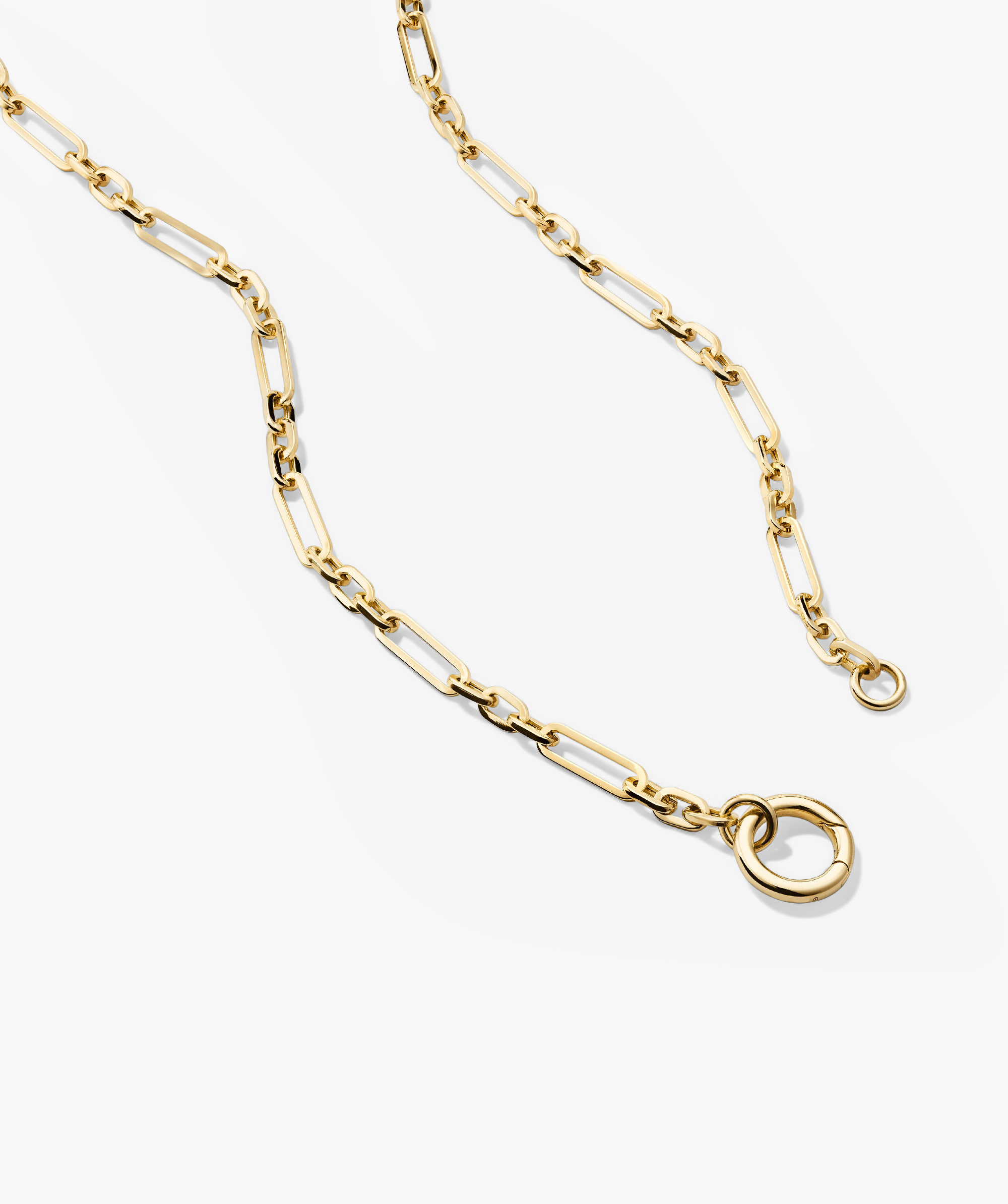 Triple Link Paperclip Chain Charm Necklace: A 14k gold handcrafted chain featuring interlinked paperclip-style links with a single ring charm.