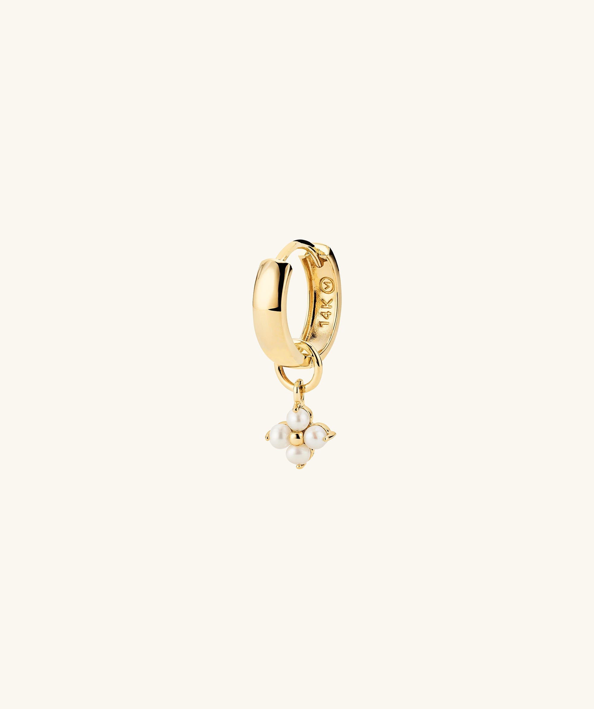 Cluster Pearl Hoop Charm: A handcrafted 14k gold hoop earring featuring a cluster of freshwater pearls, designed for customizable wear.