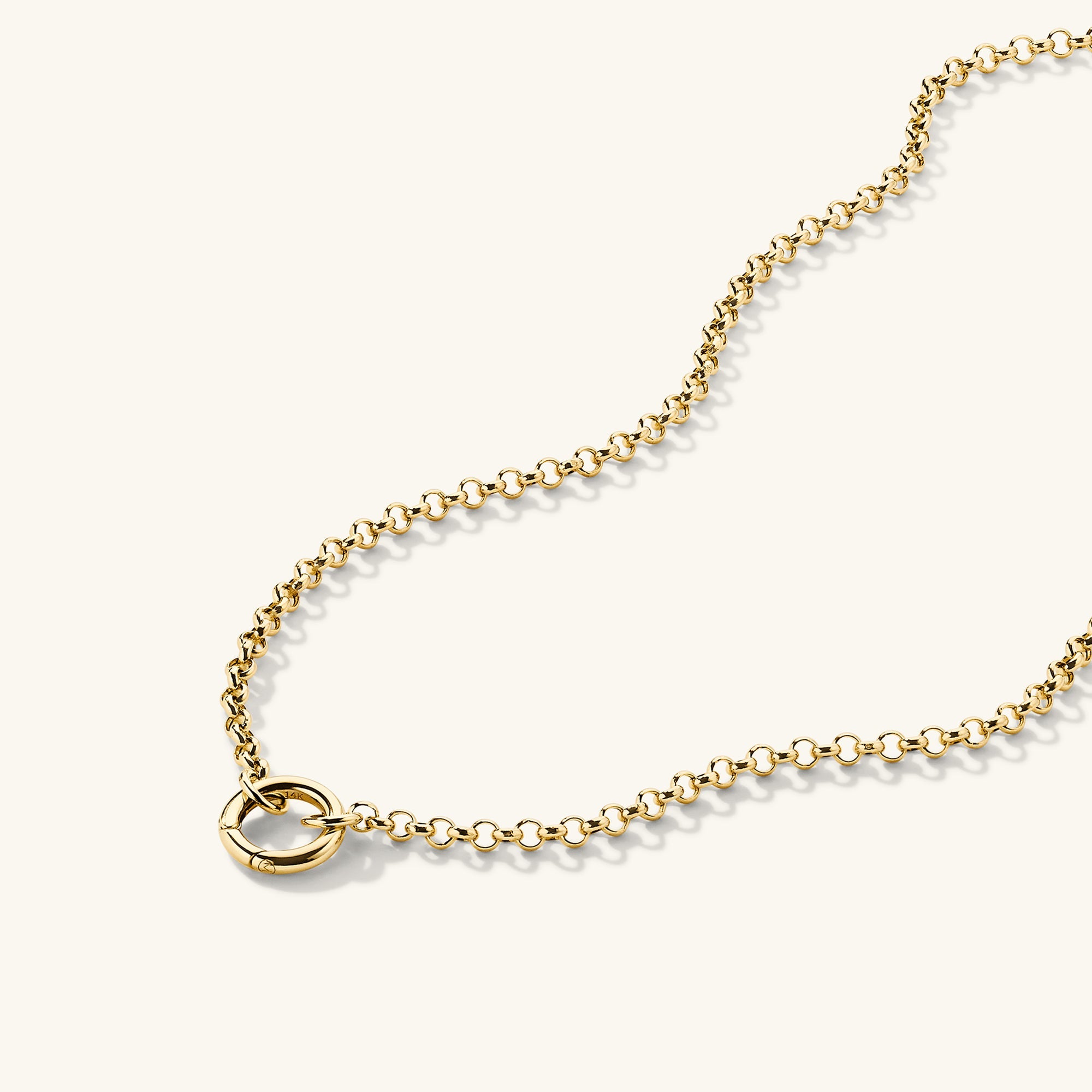 Rolo Chain Charm Necklace: A handcrafted 14k gold chain featuring a ring and Stacker Clasp for layering multiple charms.