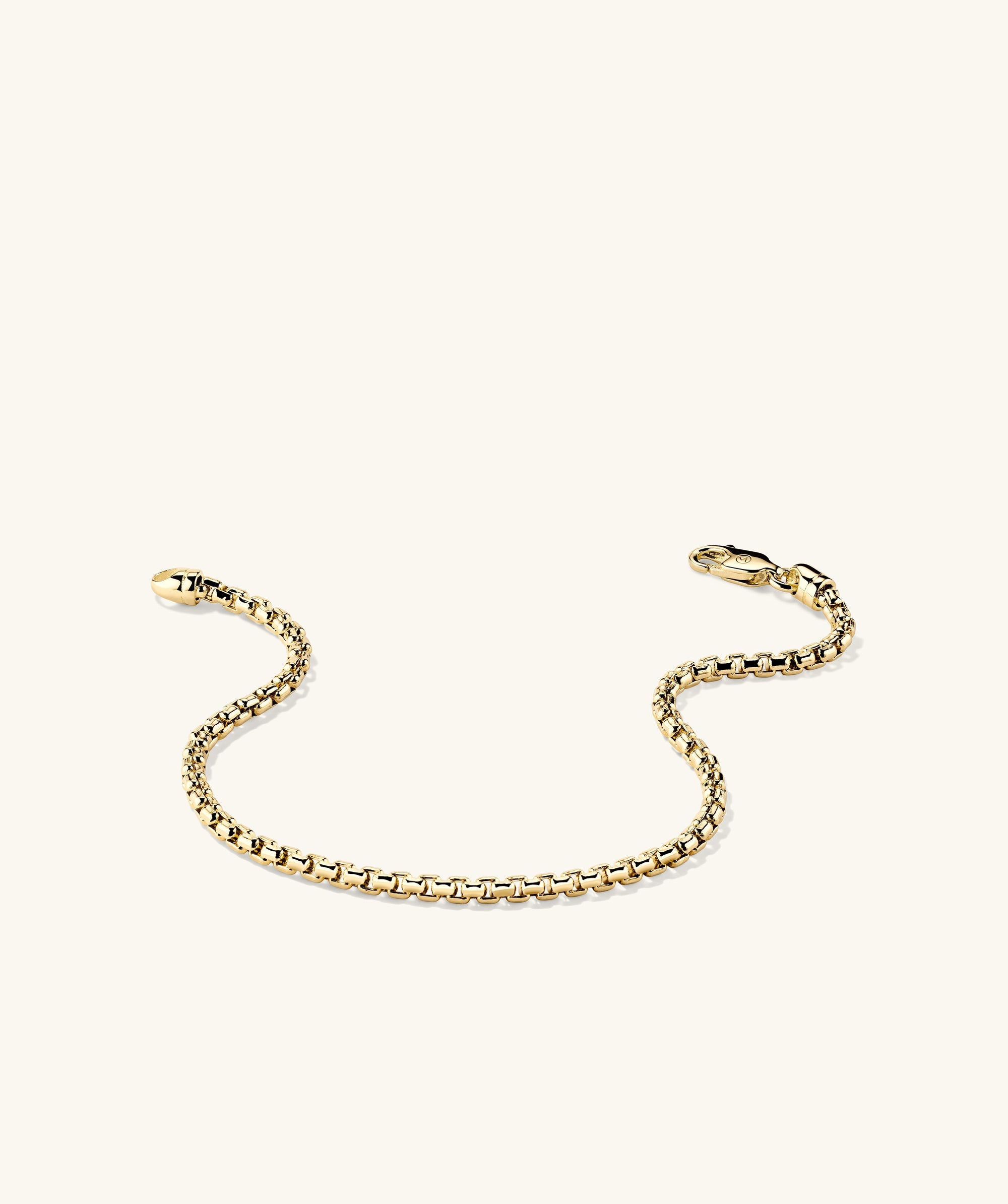 Gold Round Box Chain Bracelet on a white background, designed for everyday wear. Not too bold or narrow, it pairs well with other jewelry.