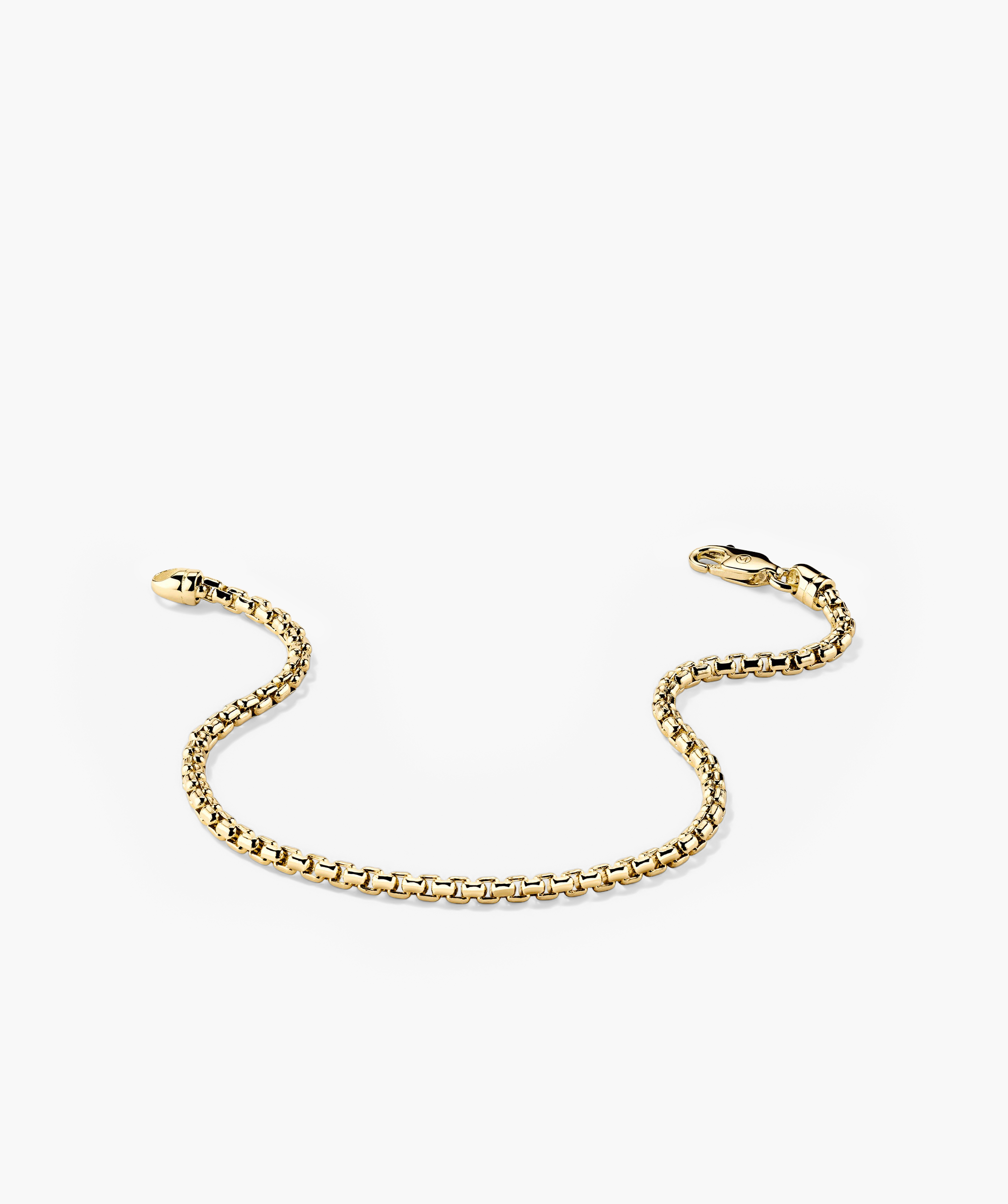 Gold Round Box Chain Bracelet on a white background, designed for everyday wear. Not too bold or narrow, it pairs well with other jewelry.