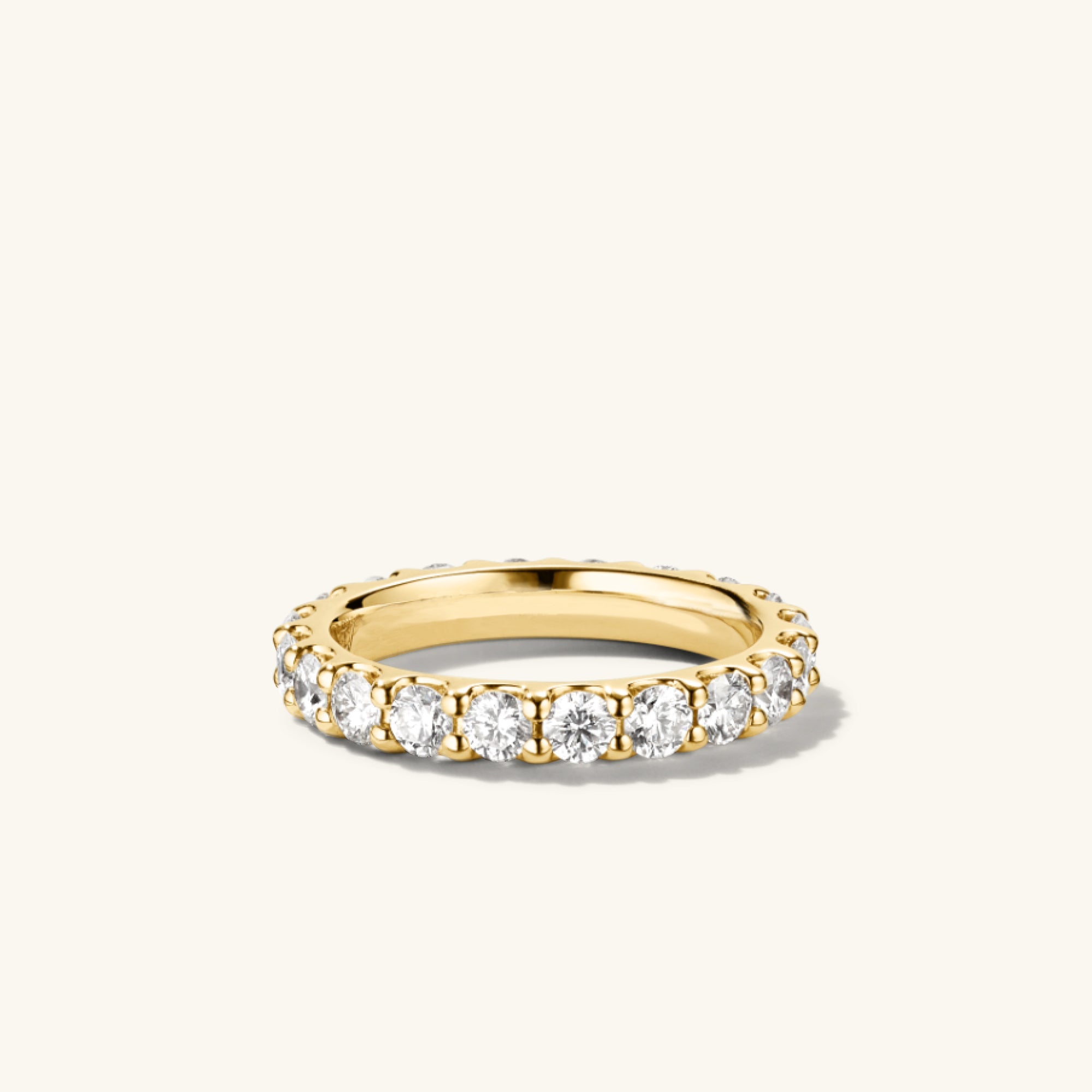 3mm Bold Diamond Eternity Band in 14k gold, featuring 22 round brilliant cut diamonds set in open prongs for enhanced sparkle.