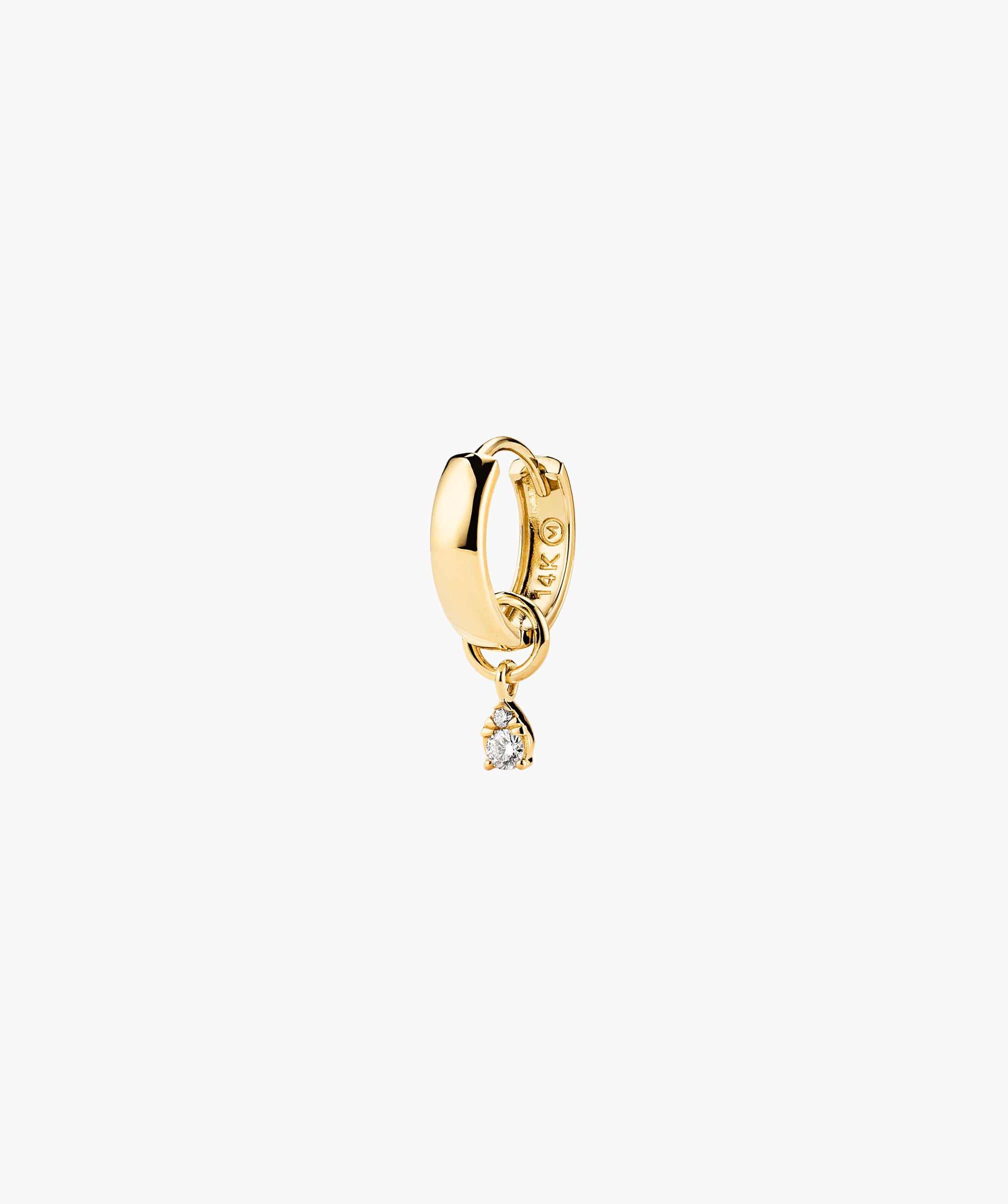 Mini Pear Diamond Hoop Charm: A close-up of a 14k gold earring featuring a pear-shaped diamond, perfect for stacking or completing your look.