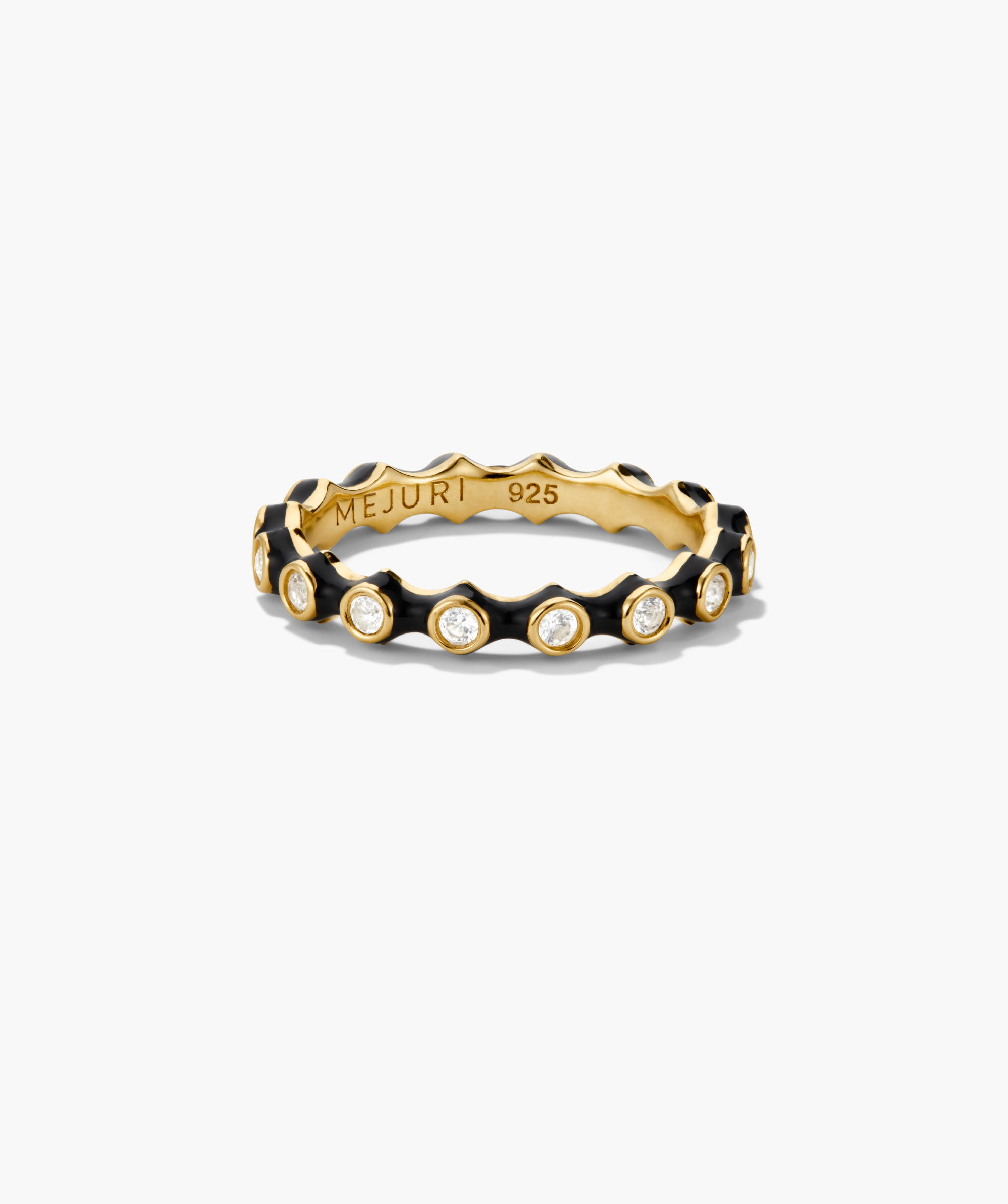 Gemstone Charlotte Stacker Bundle featuring a slim, gold-tone scalloped ring with black enamel and bezel-set gemstones, engraved âMEJURI 925â inside.