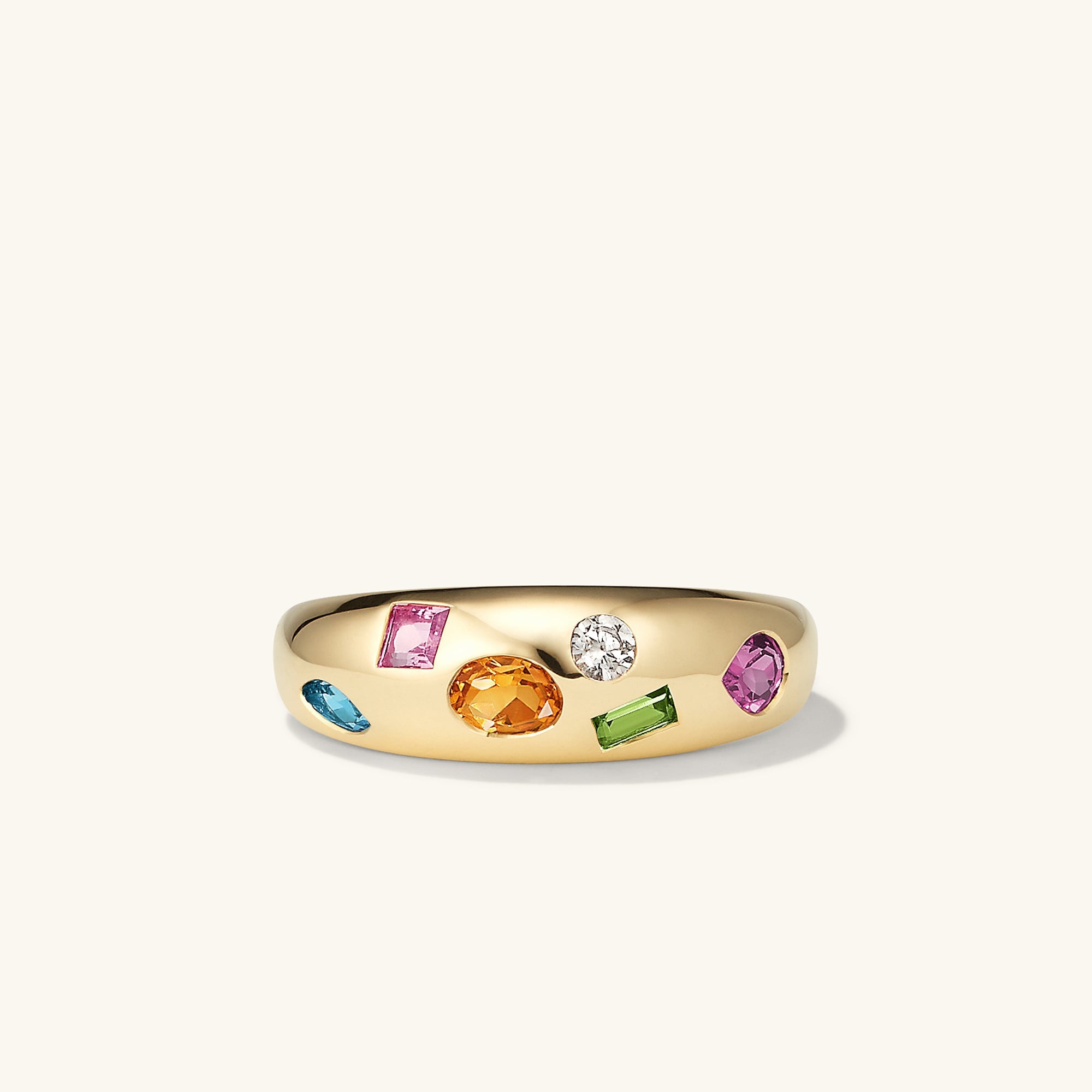 Toronto Mosaic DÃ´me Ring: 14k gold ring with six multicolored gemstones in various cuts, inspired by mosaic art, representing Toronto's six boroughs.