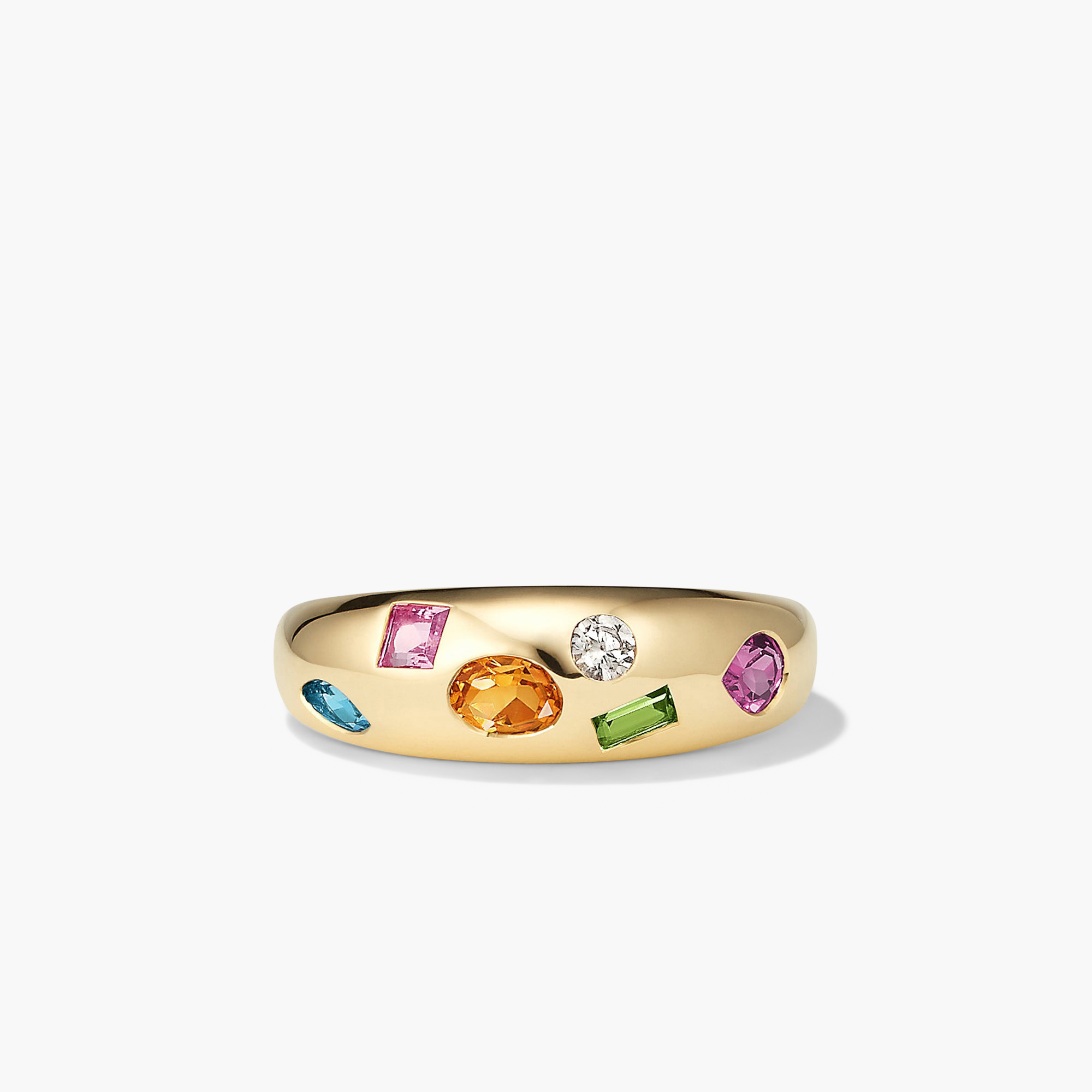 Toronto Mosaic DÃ´me Ring: 14k gold ring with six multicolored gemstones in various cuts, inspired by mosaic art, representing Toronto's six boroughs.