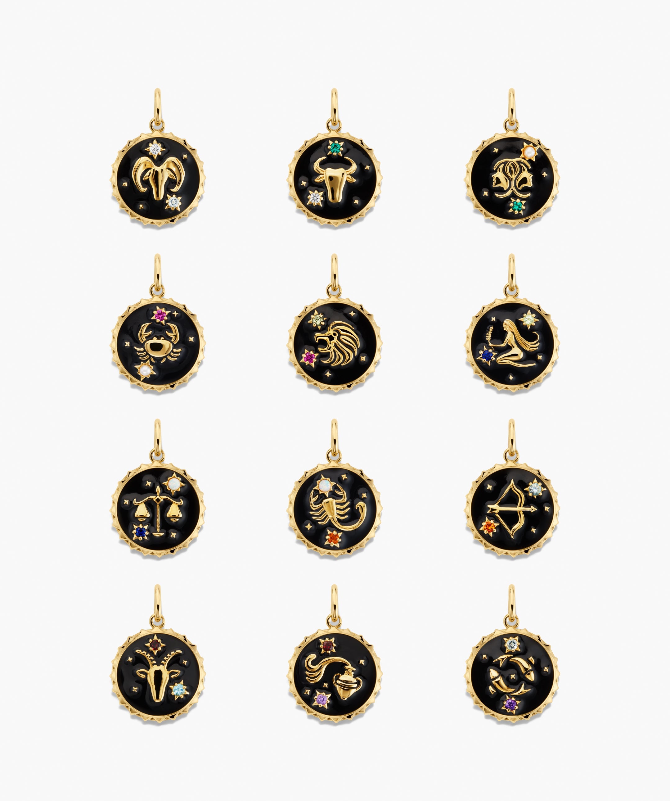 Cosmic Pendant Necklace featuring twelve round charms with zodiac symbols, black enamel, gold-tone borders, and colored birthstones, capturing star signs' essence beautifully.