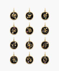 Cosmic Pendant Necklace featuring twelve round charms with zodiac symbols, black enamel, gold-tone borders, and colored birthstones, capturing star signs' essence beautifully.