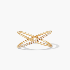 PavÃ© Diamond X Ring: A close-up of a 14k gold ring with pavÃ© diamonds, featuring an elegant X overlap design. Perfect for special connections.
