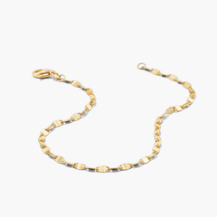 Anchor Chain Bracelet: A close-up of a handcrafted 14k gold chain bracelet with interconnected links resembling a ship's anchor chain, displayed on a plain background.