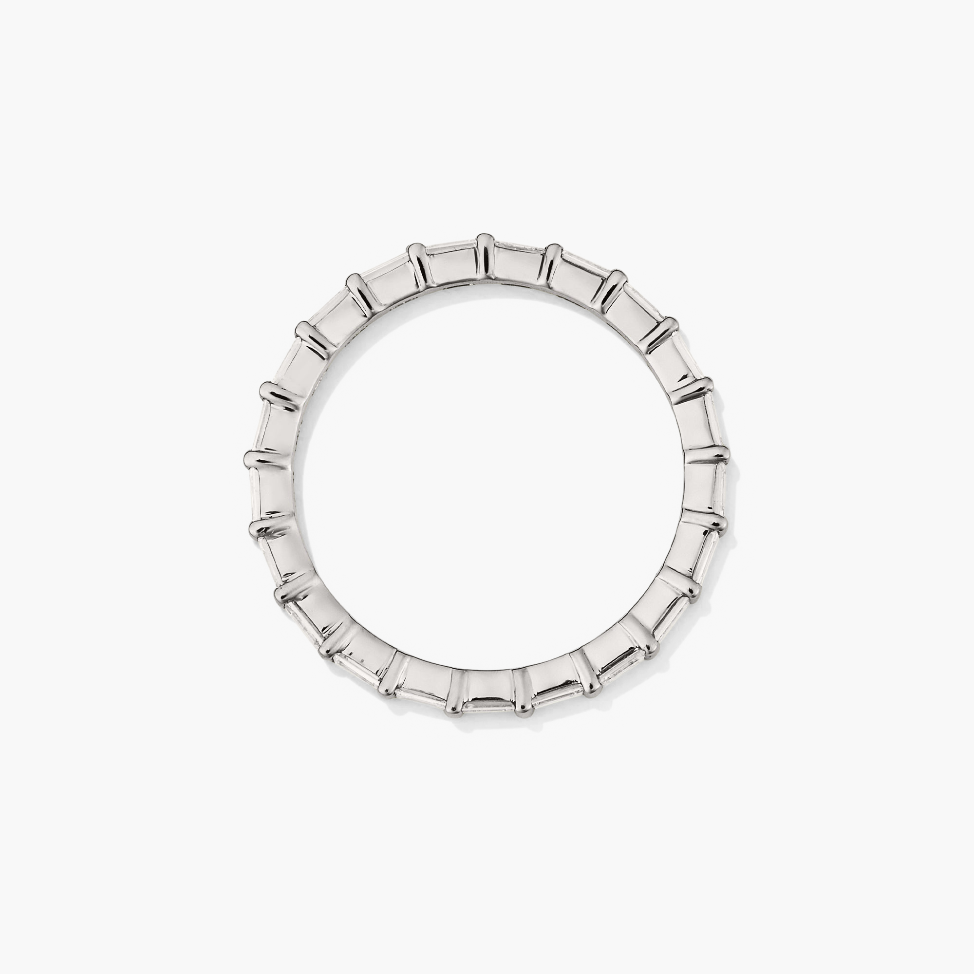 Baguette Diamond Eternity Band: A silver ring featuring an eternity of baguette-cut diamonds, handcrafted in 14k solid gold with Kimberley Process-certified diamonds.