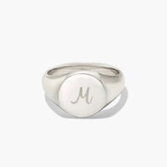 Bold Round Signet Ring in sterling silver with an engraved letter, showcasing a sleek, handcrafted design.