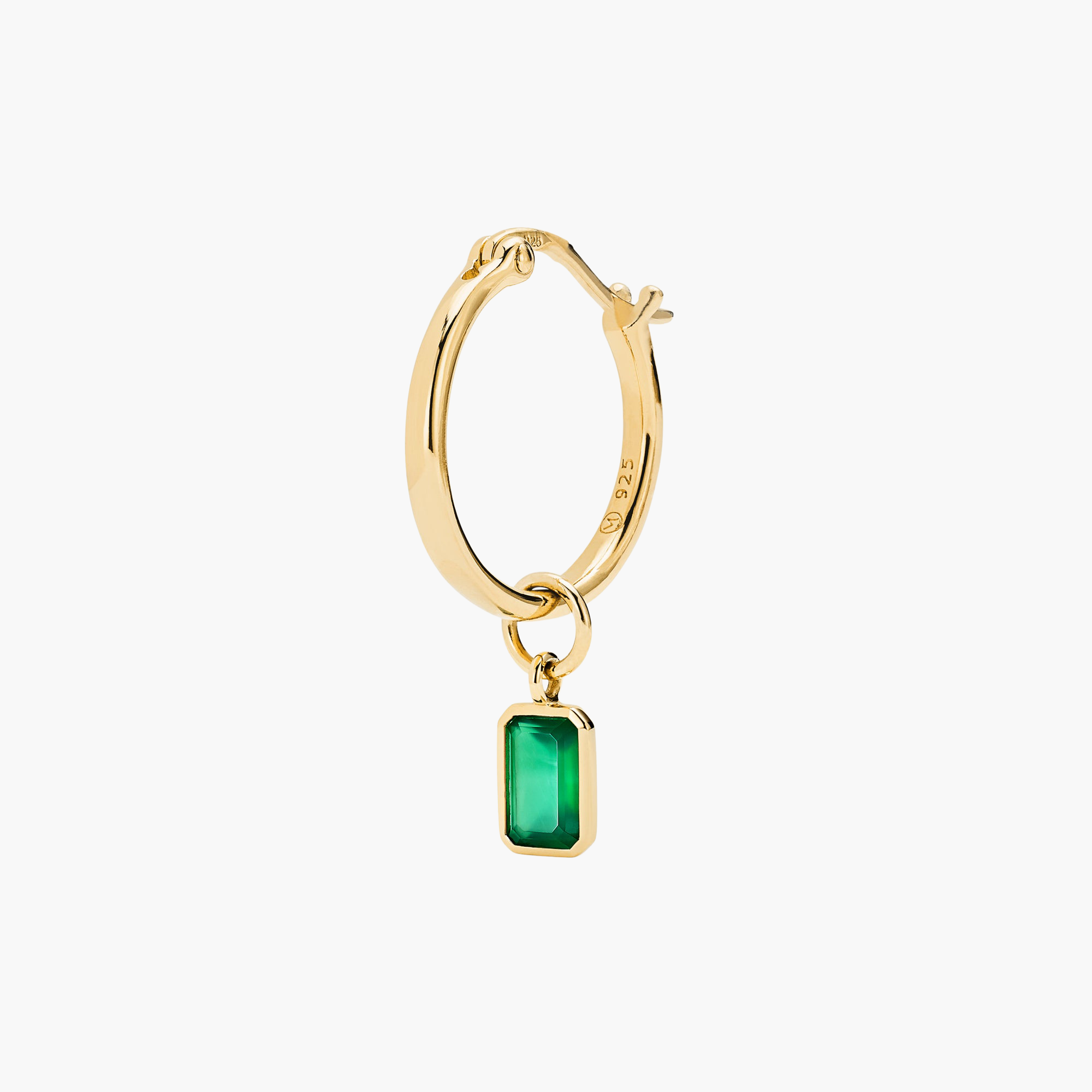 Single Emerald Cut Gemstone Hoop Charm featuring a gold hoop adorned with a prominent green gemstone, perfect for personalizing your eardrobe and enhancing everyday hoops.