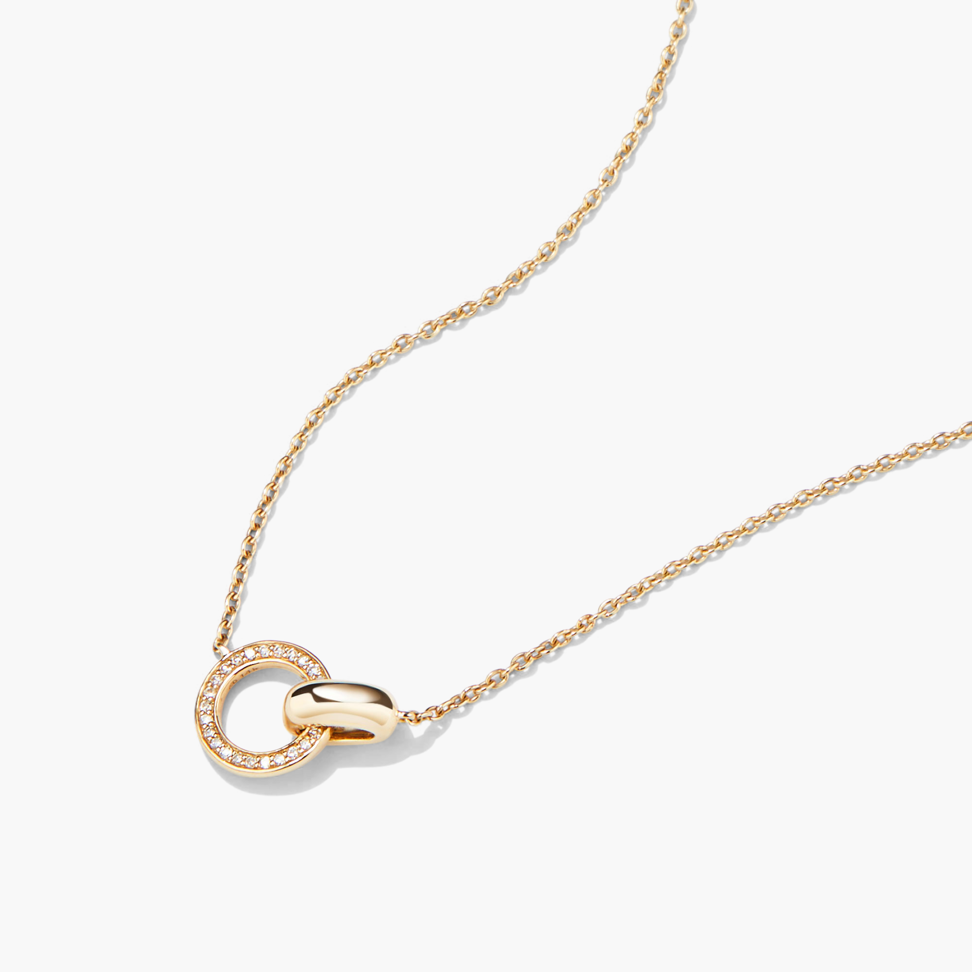 PavÃ© Diamond Linked Necklace featuring two interlinked rings, handcrafted in 14k gold with Kimberley Process compliant diamonds.