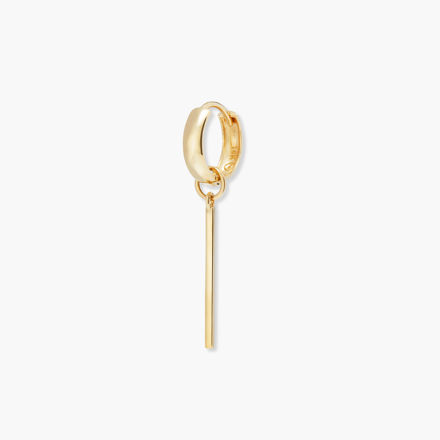 Single Bar Hoop Charm: A close-up of a gold earring featuring a long, thin strip, ideal for personalizing your hoop earrings for a high-impact look.