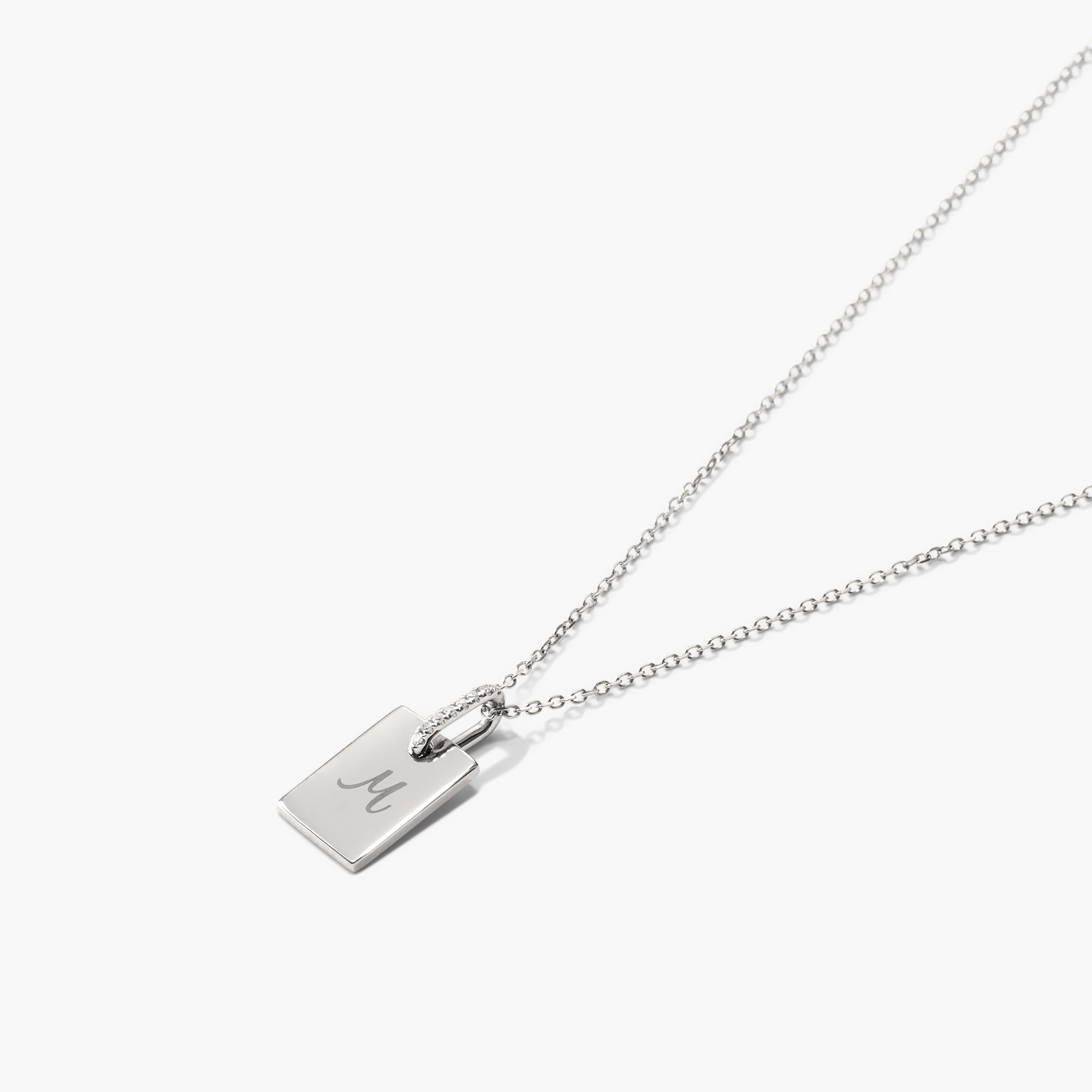 Pave Diamond Bail Tag Charm Pendant featuring a silver rectangular tag on a chain, accented with pavÃ© diamond-set bail for a classic, elegant look.