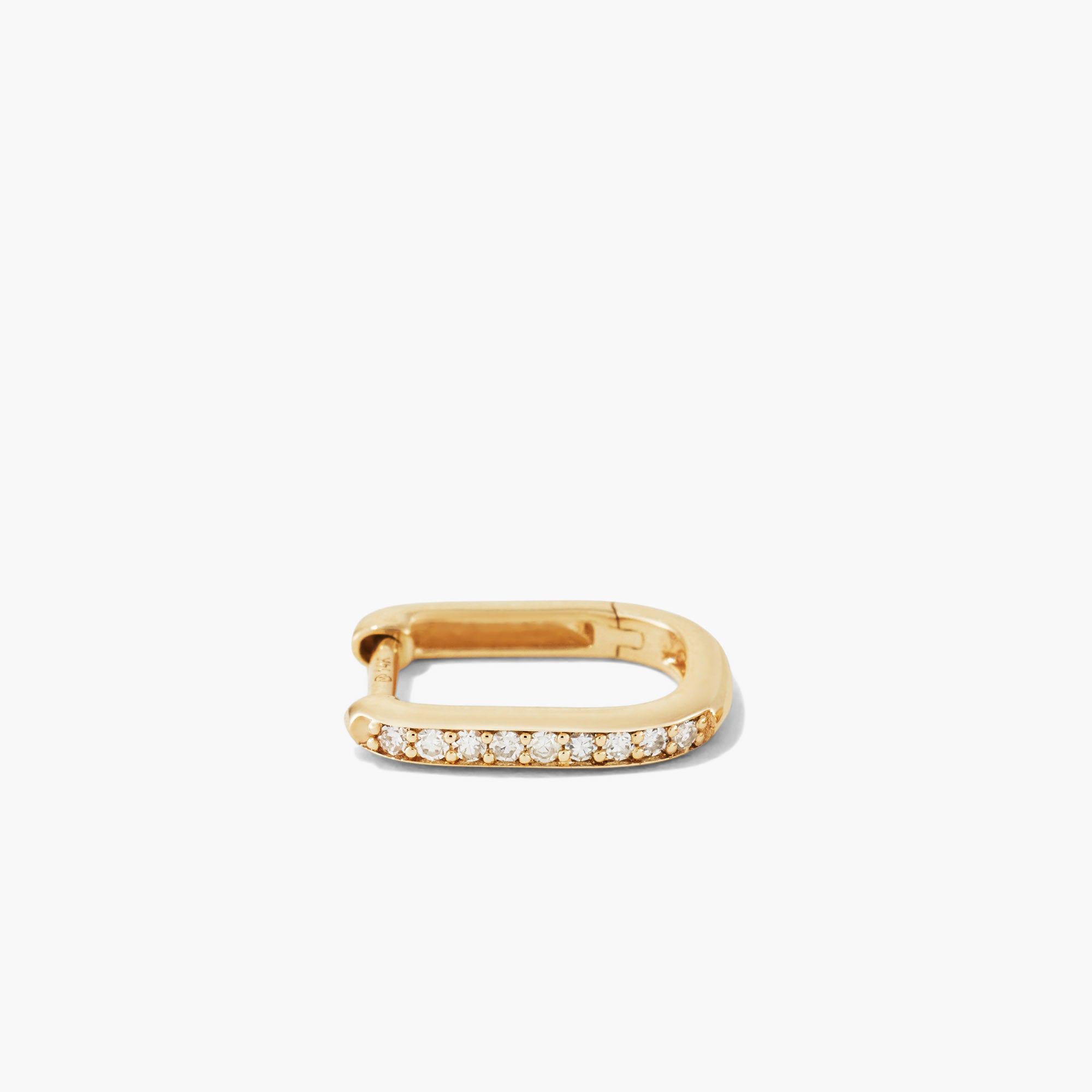 Single PavÃ© Diamond Huggie U Hoop: A gold earring with a U-shaped hoop adorned with sparkly, responsibly sourced diamonds, adding dimension to an ear stack.