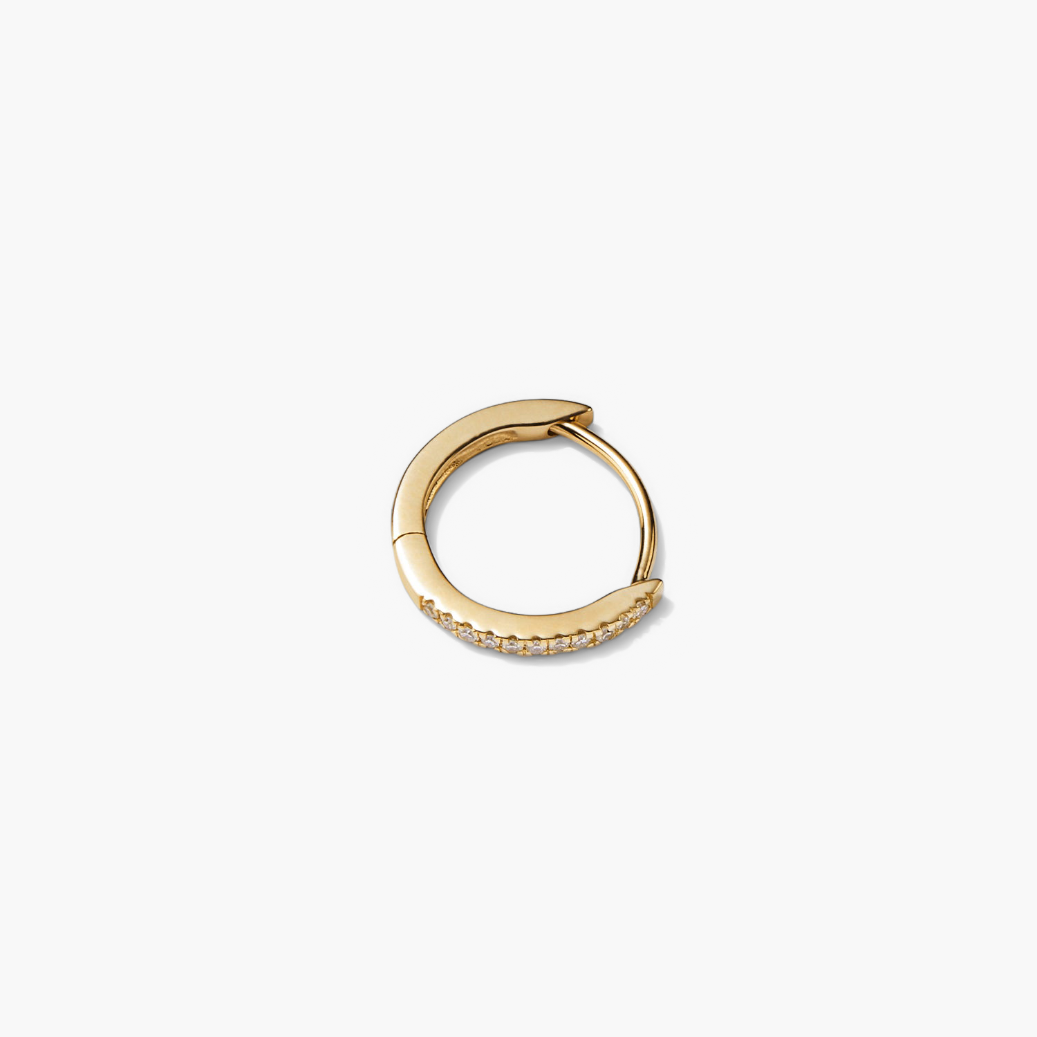 Single PavÃ© Diamond Huggie Hoop: gold earring with diamonds, handcrafted in recycled 14k solid gold, versatile for stacking with pavÃ© diamonds or worn sleek.