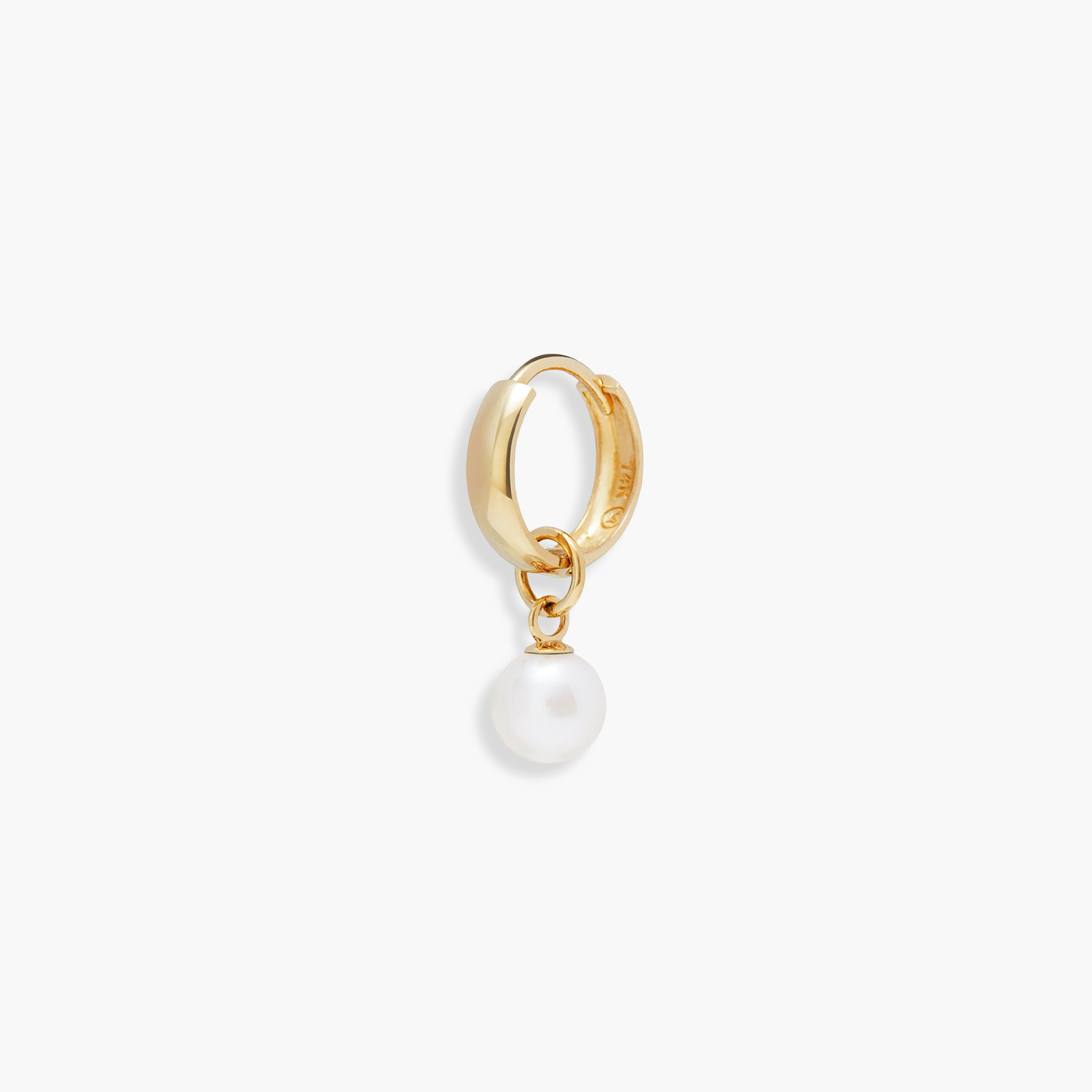Single Pearl Hoop Charm: A gold hoop earring featuring a delicate dangling pearl, perfect for enhancing your everyday eardrobe with a touch of elegance.