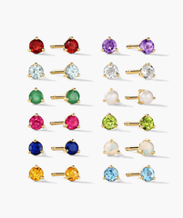 Gemstone Mini Studs (Copy) in yellow-gold prong settings, featuring diverse gemstones and pearls, displayed in a grid showing both front and side views.