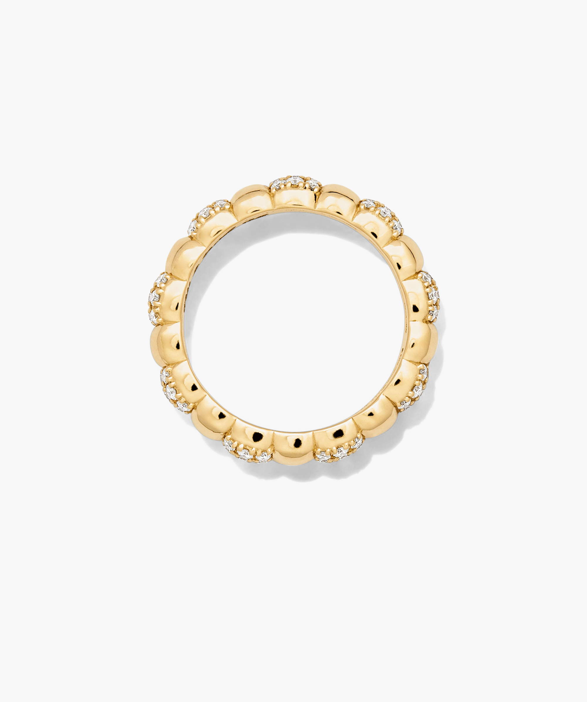 PavÃ© Diamond Soft Charlotte Ring: A 14k gold ring encrusted with 72 pavÃ© diamonds in alternating cushions, totaling 0.55-0.70 carats.