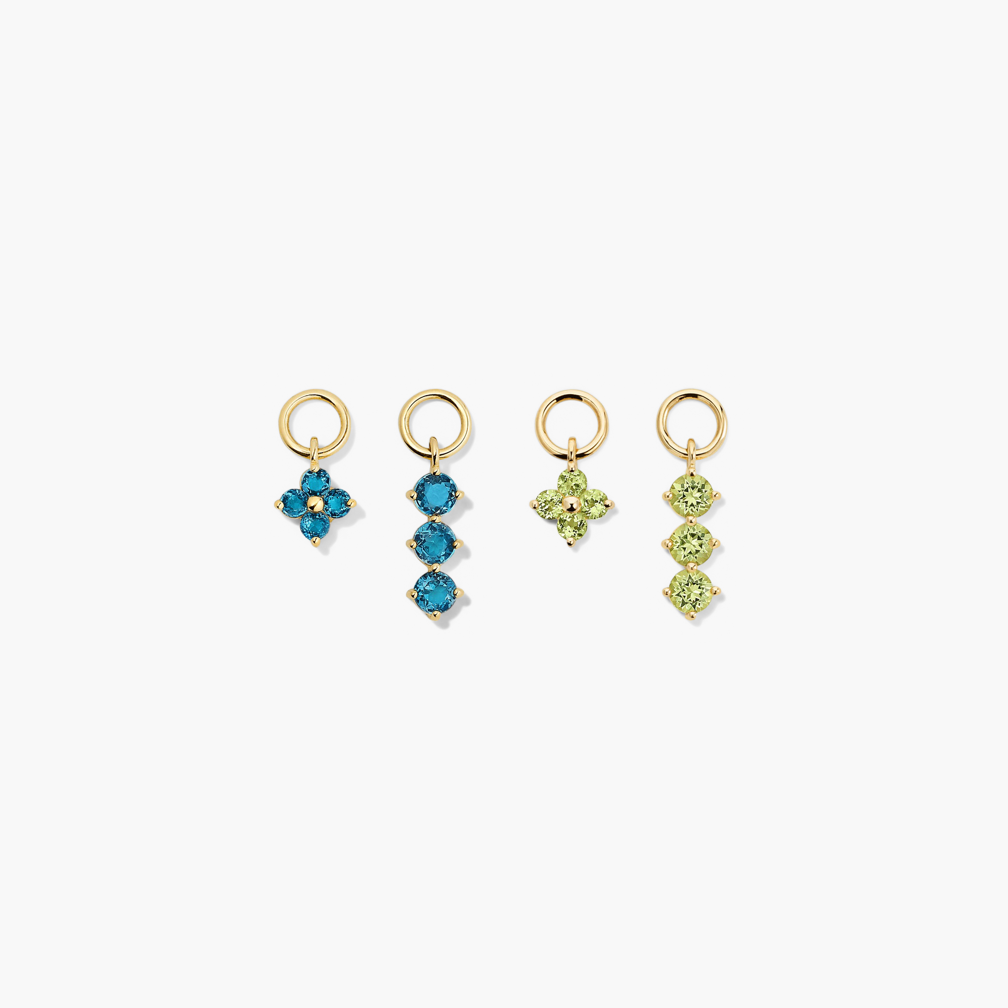 Single Gemstone Cluster Hoop Charm: Four gold jump-ring charms with teal-blue and chartreuse-green faceted gemstone clusters, perfect for personalizing hoop earrings.