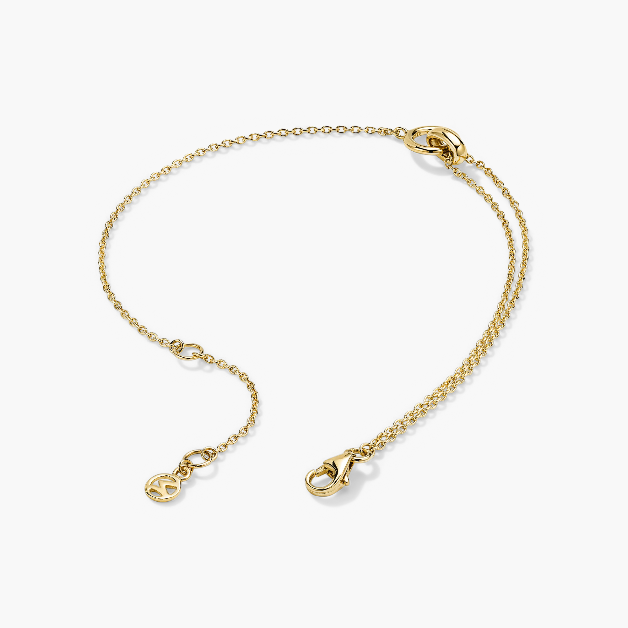 Linked Bracelet: A gold chain bracelet with two interlinked rings, featuring a small logo and clasp, symbolizing a strong personal bond.