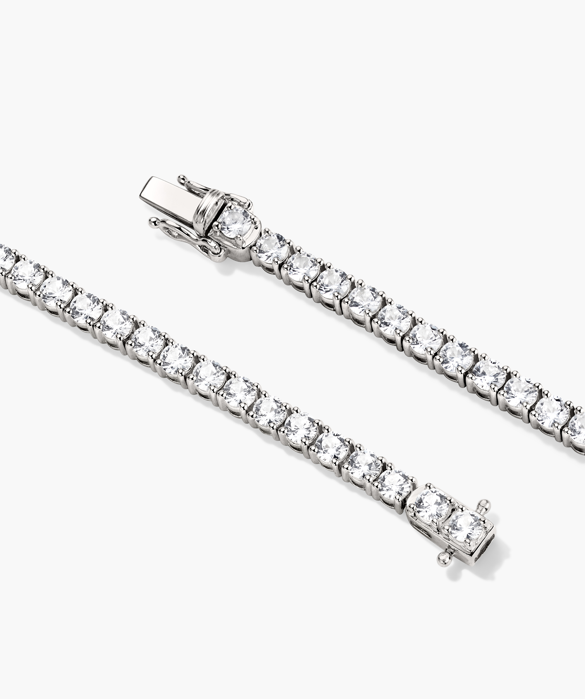 Lab Grown Sapphire Tennis Necklace with round, faceted white stones set in sterling silver, featuring a secure box clasp and safety latch.