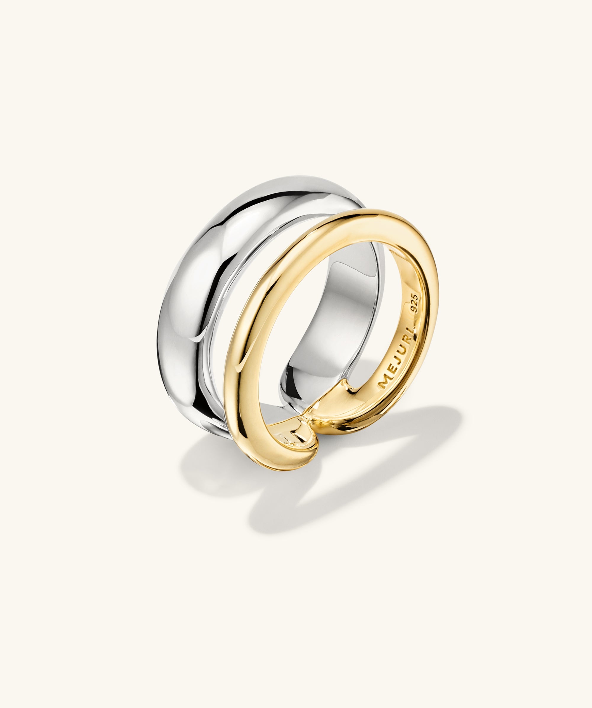 Duet Mixed Ring: A close-up of a handcrafted ring featuring mixed metals in 18k gold vermeil and sterling silver, designed for easy stacking.