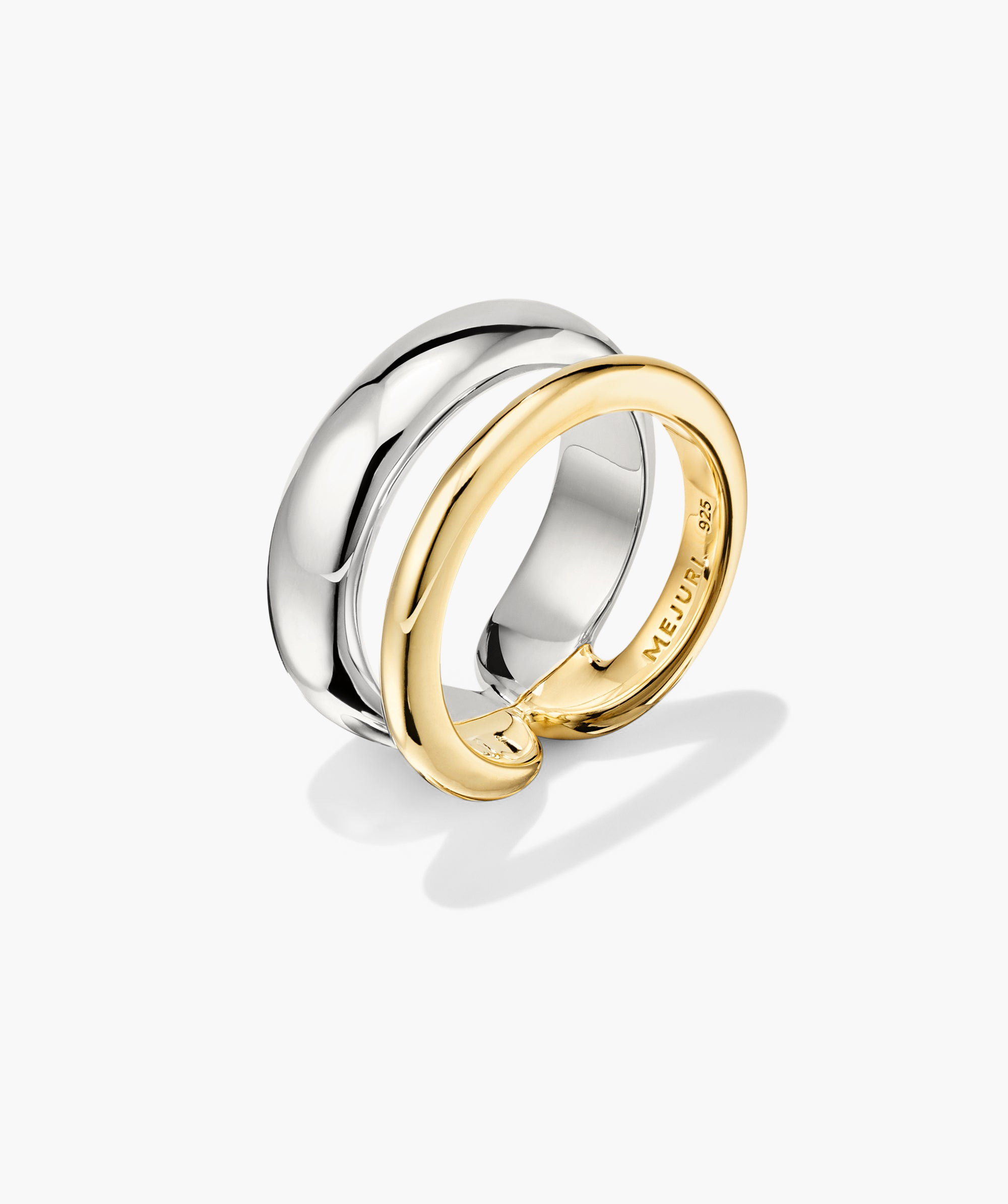 Duet Mixed Ring: A close-up of a handcrafted ring featuring mixed metals in 18k gold vermeil and sterling silver, designed for easy stacking.