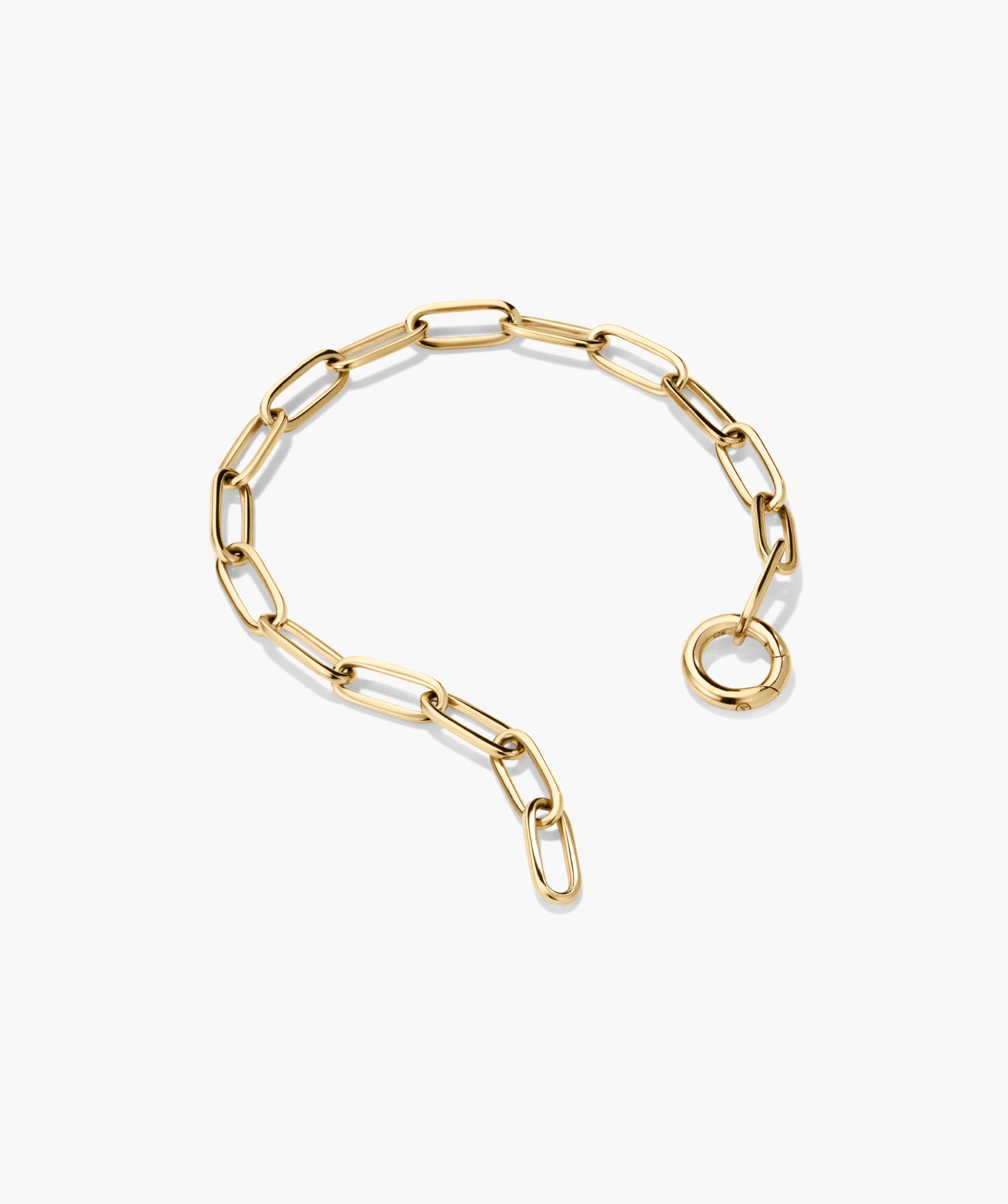 Paperclip Chain Charm Bracelet with elongated links and a spring-ring clasp, designed for adding charms, showcasing sleek and sculptural elegance.