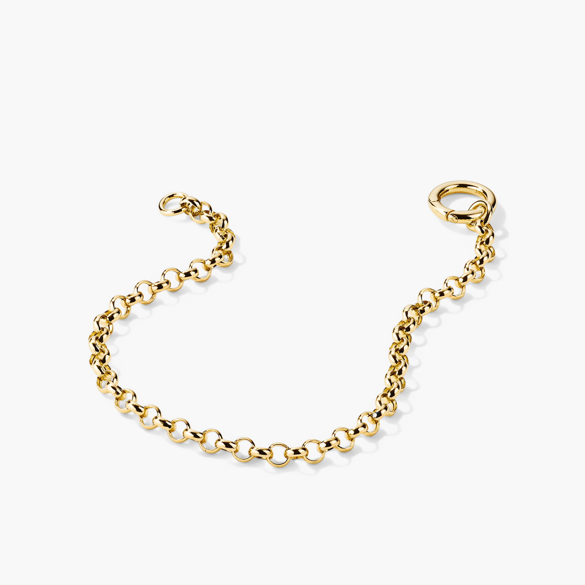 Rolo Chain Charm Bracelet: A 14k solid gold handcrafted bracelet featuring a Stacker Clasp for layering three charms, showcased on a white background.